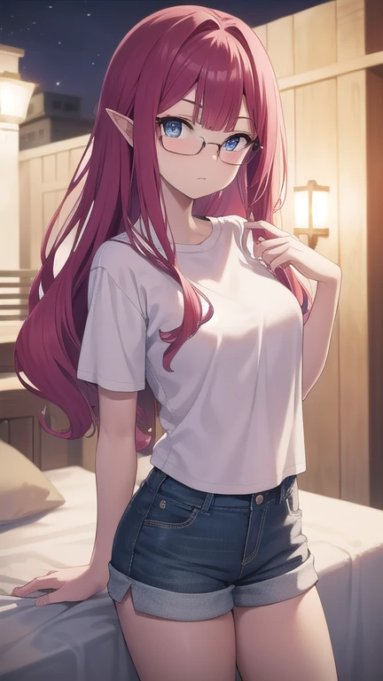 1girl, solo, baobhan sith, long hair, pink hair, pointy ears,
BREAK (white t-shirt, blue shorts, glasses:1.1),
BREAK Expressionless,
BREAK standing,
BREAK (from front, cowboy shot1.1),
BREAK (outdoor, bedroom, bed, dark, night:1.2),
BREAK (best quality:1.4), (ultra detailed, professional quality:1.2), (detailed beautiful face:1.4), (detailed beautiful eyes:1.4), Top quality, (masterpiece:1.2), high detail,