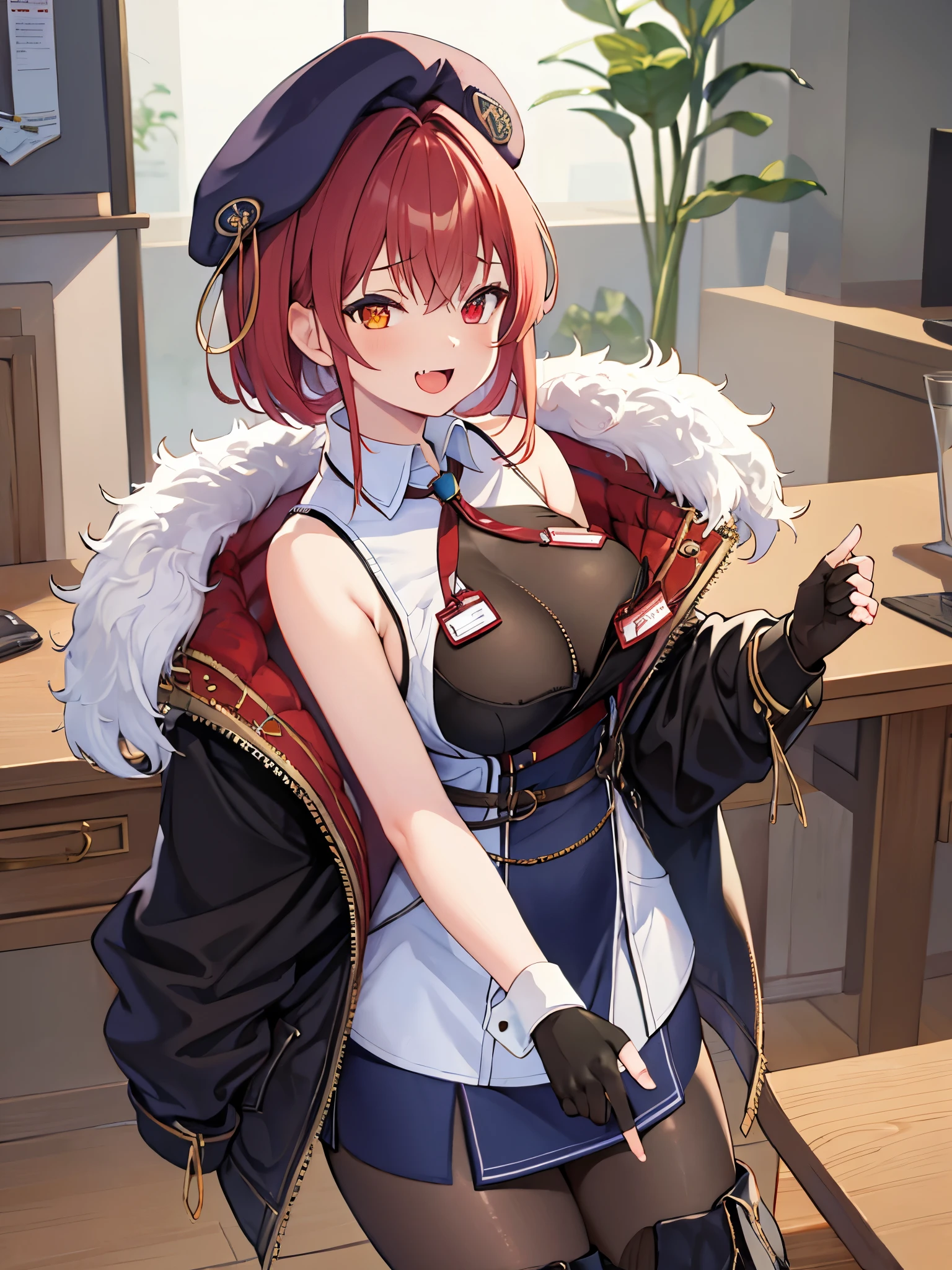 ((Masterpiece)), (Best Quality), marine_beret, Collared_White_Shirt, Sleeveless, High-waisted Skirt, Pantyhose, Blue Jacket, Fur Embellishment, Fingerless Gloves, ID Card, Solo,marine_officer,, black pantyhose, black gloves, thigh boots, beret,houshou_marine,heterochromia, red eyes, orange eyes,open_mouth,big_smile,evil_smile,fang,large_breasts,,office_landscape,red_short_hair,(plump:0.7),open_mouth,tongue, slouch,pov