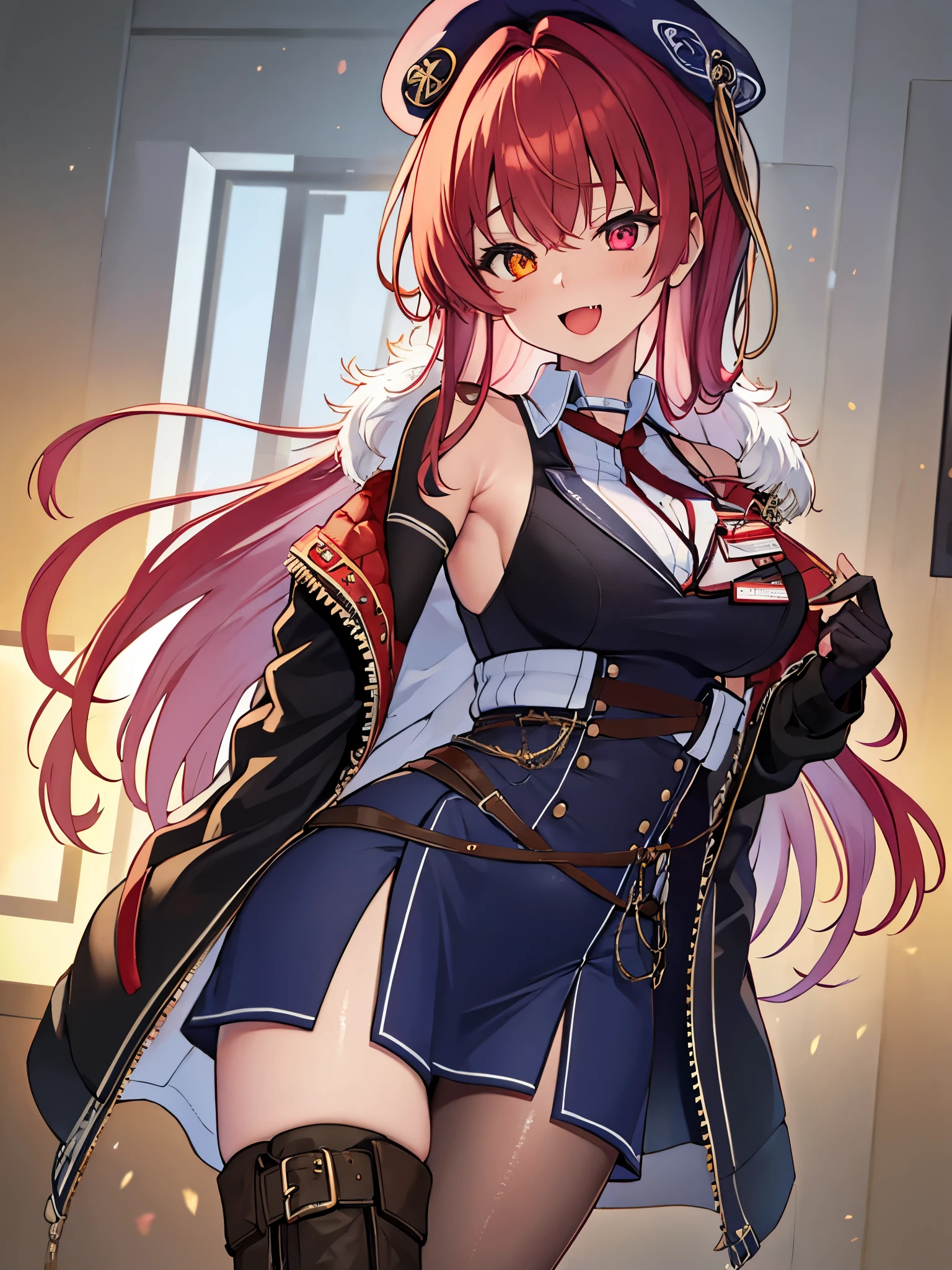 ((Masterpiece)), (Best Quality), marine_beret, Collared_White_Shirt, Sleeveless, High-waisted Skirt, Pantyhose, Blue Jacket, Fur Embellishment, Fingerless Gloves, ID Card, Solo,marine_officer,, black pantyhose, black gloves, thigh boots, beret,houshou_marine,heterochromia, red eyes, orange eyes,open_mouth,big_smile,evil_smile,fang,large_breasts,,office_landscape,red_short_hair,(plump:0.7),open_mouth,tongue, slouch,pov