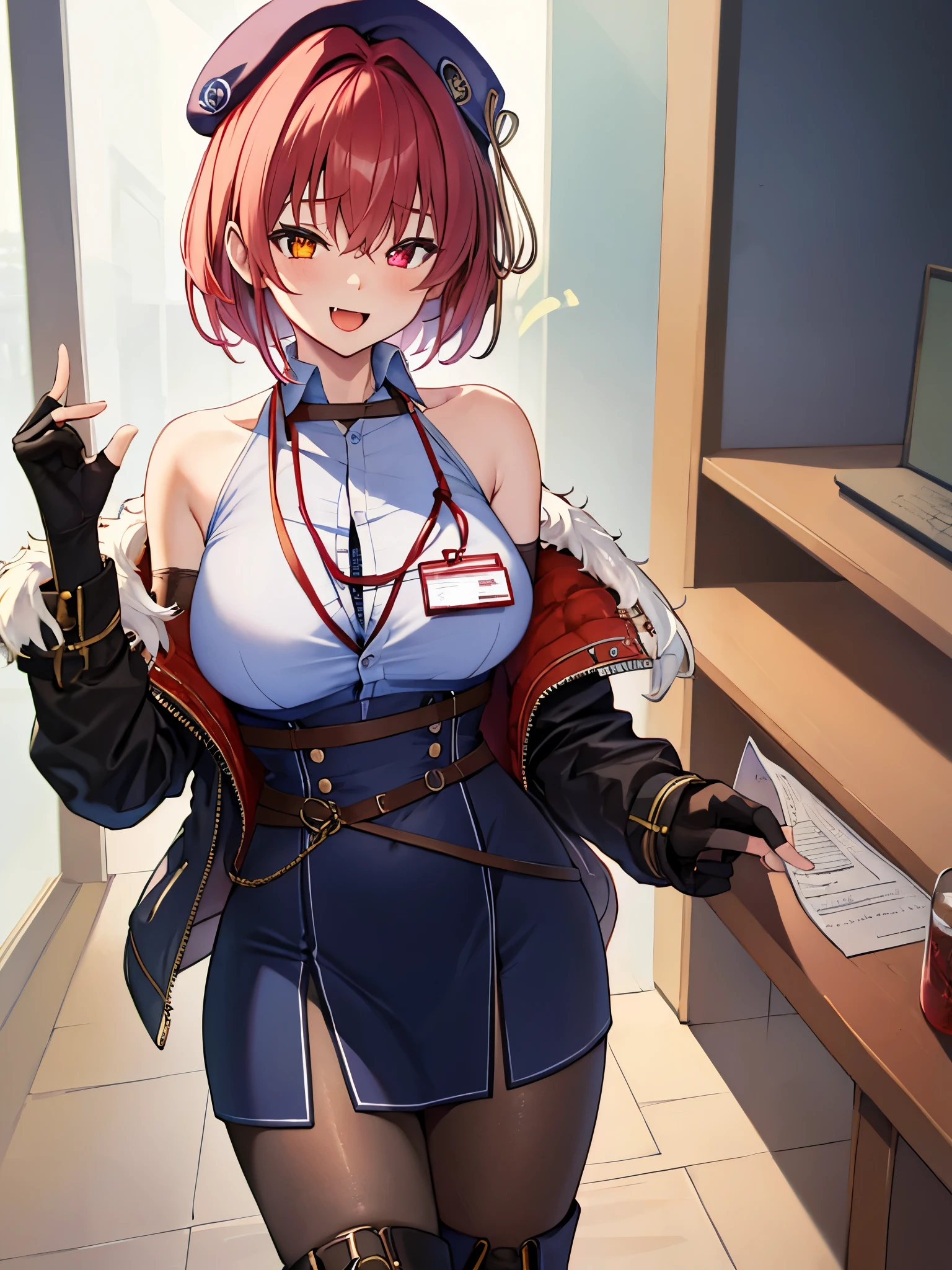 ((Masterpiece)), (Best Quality), marine_beret, Collared_White_Shirt, Sleeveless, High-waisted Skirt, Pantyhose, Blue Jacket, Fur Embellishment, Fingerless Gloves, ID Card, Solo,marine_officer,, black pantyhose, black gloves, thigh boots, beret,houshou_marine,heterochromia, red eyes, orange eyes,open_mouth,big_smile,evil_smile,fang,large_breasts,,office_landscape,red_short_hair,(plump:0.7),open_mouth,tongue, slouch,pov