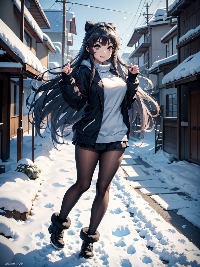 Mai sakurajima, girl, snow fall, heavy snow fall, winter open zip black colour sweater, white stockings, looking at viwer,hands up, perfect body, perfect anatomy, perfect body, perfect finger, perfect legs,best art,high resolution,8k resolution,8k quality,best quality artwork, award winning, beautiful girl, beautiful face,1girl,solo,shaonv,fur-trimmed coat,smile,black coat, smooth colours, perfect body colour, black hairs, long hairs,
Long hairs, blue Eyes,
Snowy village, , snowy mountains,
Close, Snowy Trees