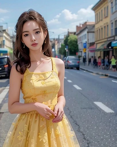 A woman wearing a yellow dress posing on road corner, top-quality,  high definition, 8k, 1peopleの少女,  (road:0.8), (people, Great Crowds:1), (lace trimmed dress:1.5,  sleeveless dress pointing to the viewer,), Beautiful, (, Length Hair:1.5),  beautiful detailed sky, The earrings are beautiful, ( dynamic poses:0.8),