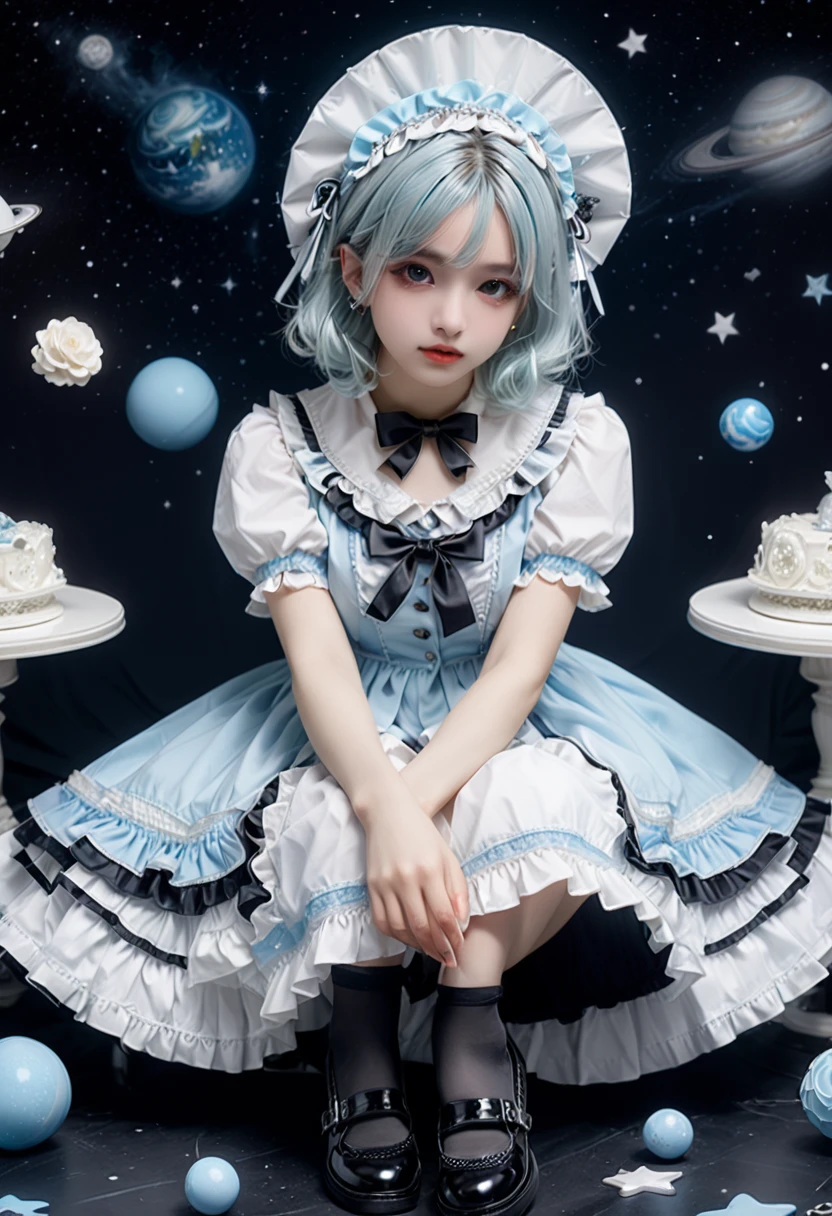 masterpiece, best quality, high quality, Very delicate, Very clear, 1 girl Light blue medium hair White ta fashion White headdress Black thick-soled shoes Space Background