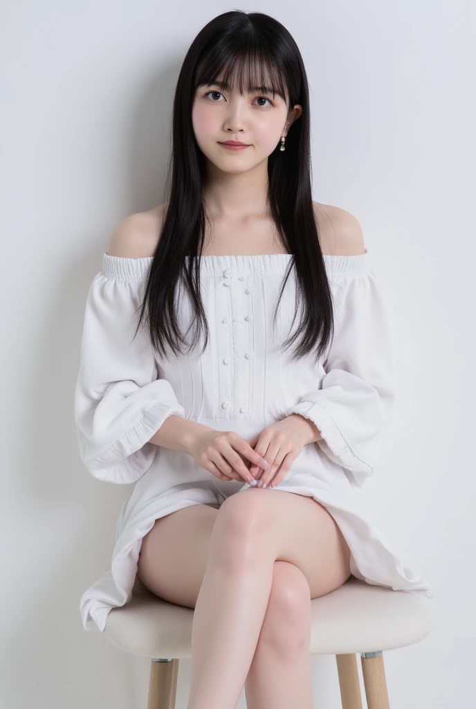 Full body shot from the front、Wearing off-the-shoulder mini one-piece pajamas, I'm sitting while looking at me while taking a pose with the knee bent and the knee spread, Slender bare legs 、smile、The background is a monotone 

