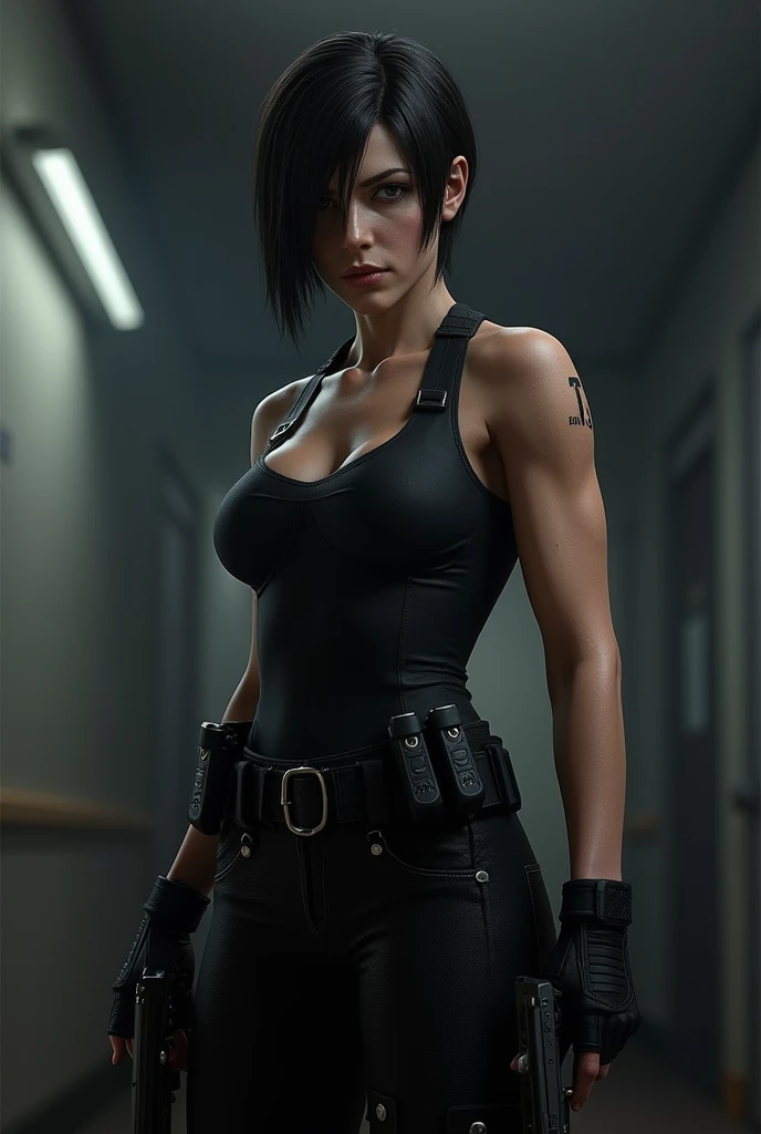 (A beautiful 25 years old British Female Vampire Mercenary:1.4), (Short Wolfcut Black Hair), (Pale Skin), (Busty Cup Size:1.2),  (Athletic Body Builds:1.2), (Serious Face), (Wearing Black Tanktop and Black Tight Long Pants), (Dimly Lit City Alley at Night:1.4), (Sexy Pose:1.2), Intricate Face Detail, Intricate Hand Details, Chiaroscuro Lighting, Photorealistic Production, Cinematic Shot and Lighting, Realistic Colors, Masterpiece, Sharp Focus, Ultra Detailed, Ultrarealistic Photography, Canon EF F/1.2L 100mm Lens, Depth of Field, Incredibly Realistic Environment and Scene, Master Composition and Cinematography