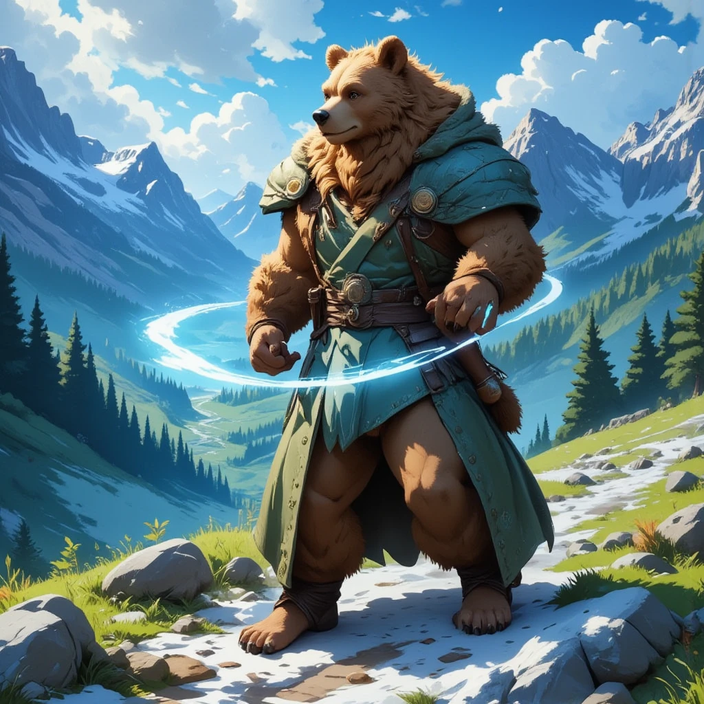 character focus, full body, looking away, various angle, european fantasy, wizard, a muscular middle-aged bear man, heroic costume clothes, robe, shirt, pants, casting ice magic, dynamic pose, BREAK complete anatomy, perfect proportions, beautiful thigh gap, fluffy body, intricate fur details, beautiful fur texture, BREAK a detailed bear 1tail, detailed boots, detailed foot, detailed hands, 5fingers, 5fingers nails, BREAK aesthetic anime face, insanity detailed face, male face, big face, square jawline, aesthetic anime eyes, detailed brown eyes, detailed brown cornea, detailed dark brown irises, detailed pupils, male eyes, big eyes, male eyebrows, innocent look, beautiful beard, BREAK full body in Michelangelo Buonarroti style, digital illustration anime, housamo style, detailed painting landscape, mountain, path, outdoor, full color, HDR, BREAK masterpiece, official art, best quality, very aesthetic, absurdres, super fine illustration, great quality, BREAK noise reduction, very highres, large filesize, high quality, 32K, 8k wallpaper, dynamic lighting, BREAK insanity detailed, ultra detailed, intricate details, extremely detailed, detailed texture, an extremely delicate and beautiful, BREAK osukemo, e621 illustration, kemohomo, anthropomorphic, furry, cartoon, harmonious body, pastoral face, virtuous eyes, epic atmosphere