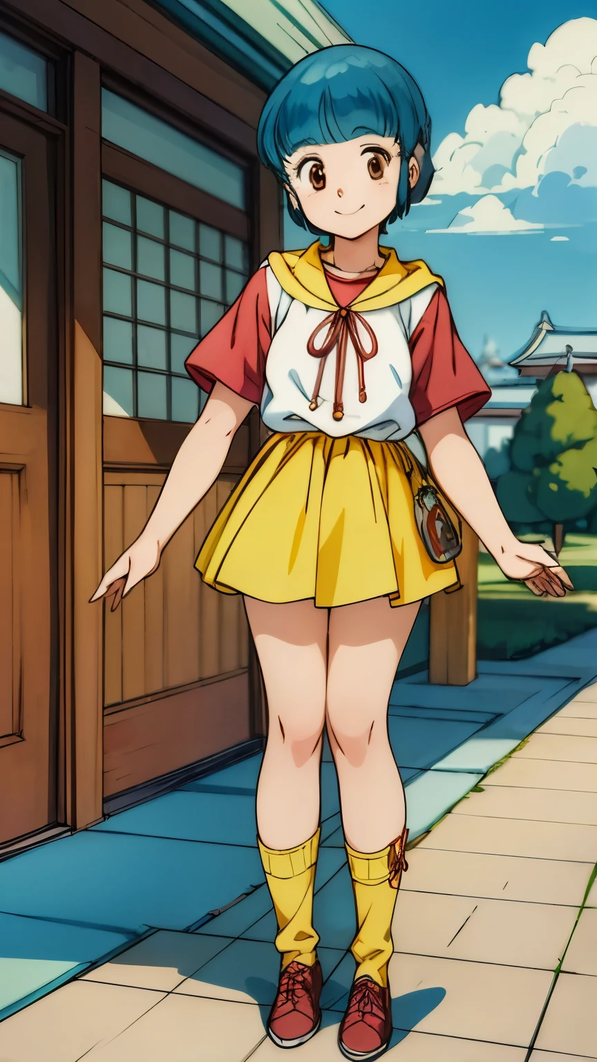 (masterpiece, best quality), high resolution picture of a Japanese girl, intricate details, extremely detailed, solo, 1girl, morisawa, (short sleeves, red sleeves, yellow miniskirt, socks with ribbon), (smile), perfect anatomy, perfect hands, outdoors, suburban, blue sky and clouds,