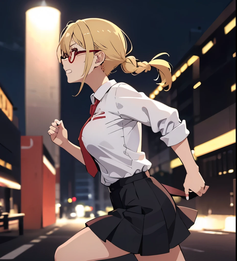 anime girl, blonde hair, red glasses, 1 braid, wearing white shirt, red tie, black skirt, running, run, dash, sleeves fold, scared run, side view, side profile view , big boobs fast run