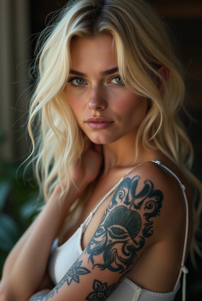 (Realistic:1.2), Photorealistic, analog photostyle, depth of field, film grain, cute sexy full-body woman with a rude appearance, long messy blond hair, in bohemian style clothing, eyes blue, tattoos in arms,