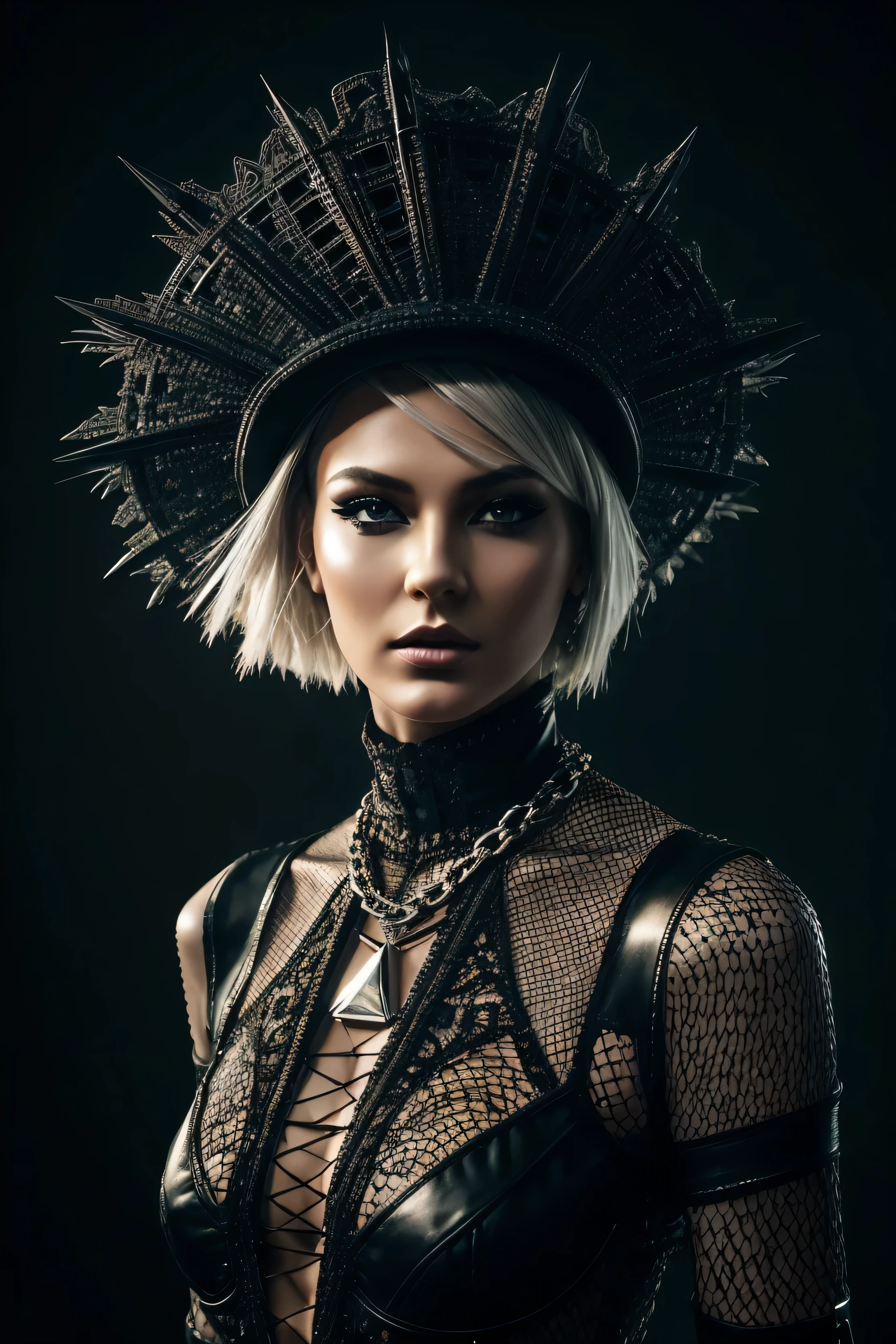 Beautiful, Firm, front view, intricate details, short mohawk blond , glamour ,  35 years old,   front view, low pov, dark makeup, open pose, cyber punk, chains Laurence bedard with a checkered hat and bodysuit on, digital art inspired by Igor Morski, trending on cg society, digital art, photography alexey gurylev, photography alexey kurylev, avant garde fashion model, surreal avant-garde style, surreal chess, optical illusion art, illusion surreal art, illusion psychedelic art, surrealist ar