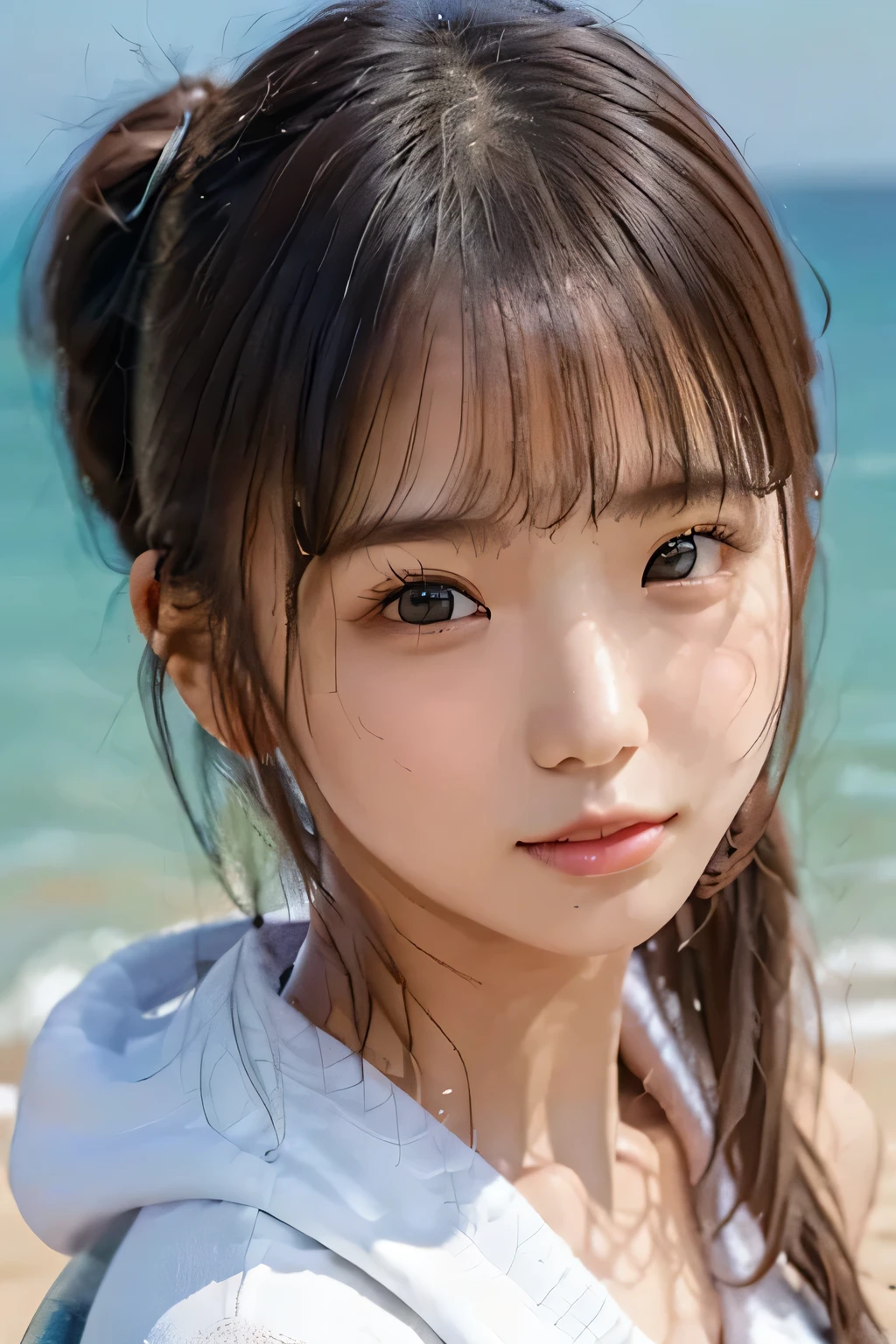 (masterpiece、Best Quality、 Super detailed description、 ultra high resolution)、( Portrait )、 girl、solo、slim、 slender、cute、 idol face、 ponytail、 hoodie、(( sandy beach、sea、moon、night))