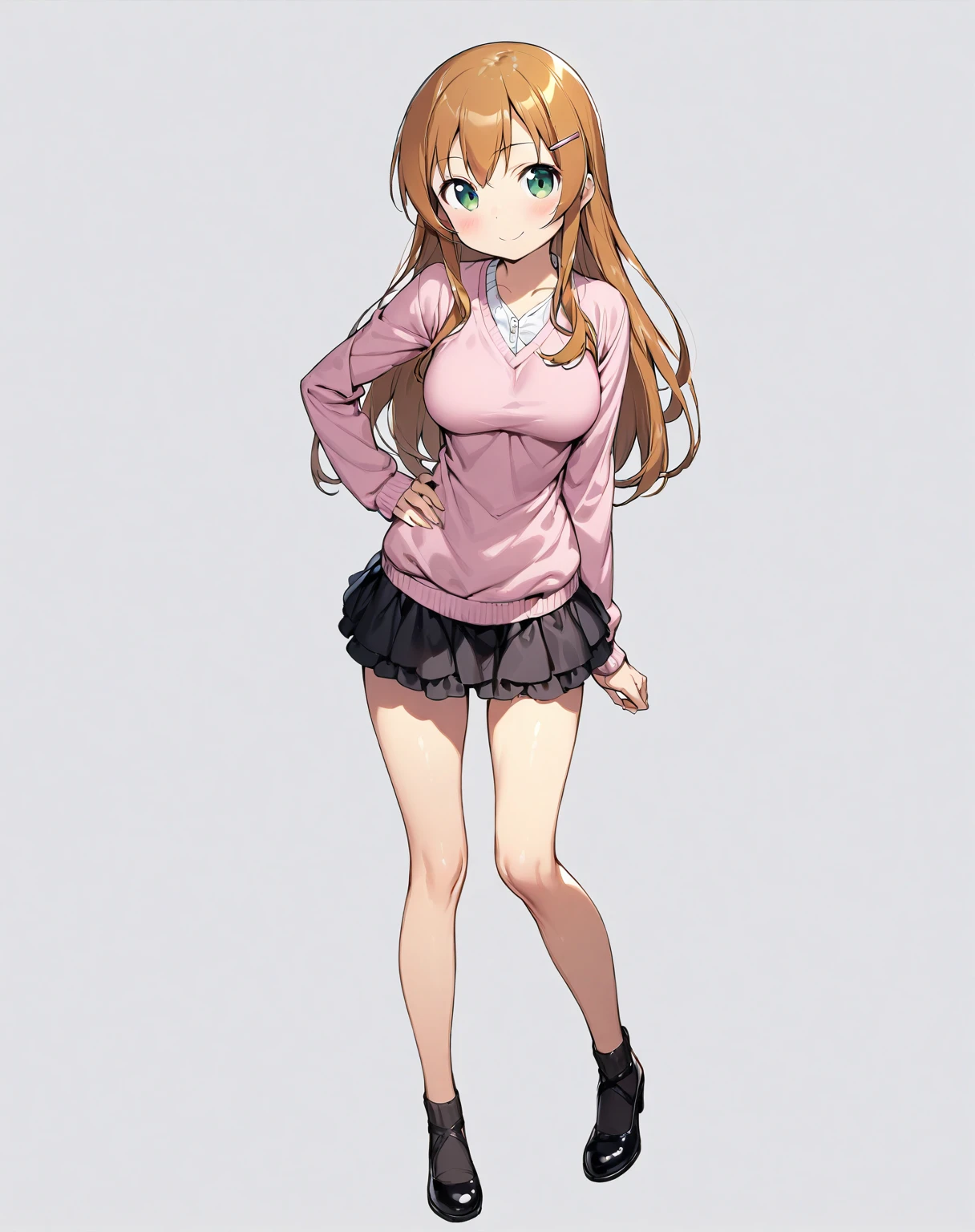 (1 girl),(Alone),

(masterpiece)、 high quality、( high definition)、 intricate details、4K、8k、
( High Contrast:1)、Light gray background、Grey Room、
(head to toe:1.5、full body view:1.5)、At the center:1.0、

(Kirino Takasaka)、kirino kousaka、
( so beautiful:0.9)、( very cute:0.9)、
(round face)、(Brighten your face:0.7)、(Big green eyes:1.0)、(round face)、
( straight hair:0.8)、( Long Golden Hair)、bangs、(Hair Clip)、
(Detailed face:0.7)、(high nose:0.7)、(smile:1.0)、幸せそうなsmile、
 Beautiful Breasts 、

Thin legs、 slender figure、

(fair skin)、delicate smooth skin、Beautiful Skin、

(Pink V-neck sweater), (Layered black ruffle skirt)、
 black stockings、(Pink pumps)、
 Chest Visible Clothes 、
 casual、

looking at viewer, 

Slight Body,
Medium Breasts,
Petite Height,

(Alone Focus:1.0),
(Standing:1.5),
(Seductive pose:0.8),

(Full body Shot:1.2), 
(From the front),

(No background),