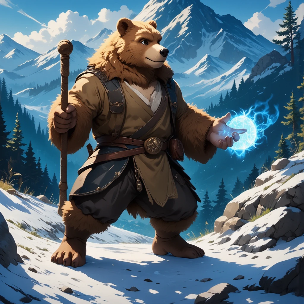 character focus, full body, looking away, various angle, european fantasy, wizard, a muscular middle-aged bear man, heroic costume clothes, robe, shirt, pants, casting ice magic, dynamic pose, BREAK complete anatomy, perfect proportions, beautiful thigh gap, fluffy body, intricate fur details, beautiful fur texture, BREAK a detailed bear 1tail, detailed boots, detailed foot, detailed hands, 5fingers, 5fingers nails, BREAK aesthetic anime face, insanity detailed face, male face, big face, square jawline, aesthetic anime eyes, detailed brown eyes, detailed brown cornea, detailed dark brown irises, detailed pupils, male eyes, big eyes, male eyebrows, innocent look, beautiful beard, BREAK full body in Michelangelo Buonarroti style, digital illustration anime, housamo style, detailed painting landscape, mountain, path, outdoor, full color, HDR, BREAK masterpiece, official art, best quality, very aesthetic, absurdres, super fine illustration, great quality, BREAK noise reduction, very highres, large filesize, high quality, 32K, 8k wallpaper, dynamic lighting, BREAK insanity detailed, ultra detailed, intricate details, extremely detailed, detailed texture, an extremely delicate and beautiful, BREAK osukemo, e621 illustration, kemohomo, anthropomorphic, furry, cartoon, harmonious body, pastoral face, virtuous eyes, epic atmosphere