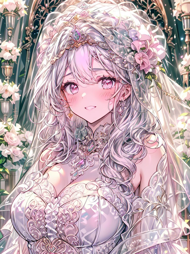 full dress shot, shot from above, (frontal shot:1.5), full-body illustration, (((full body, depicts whole body, full body portrait, whole body))), portrait, 1girl, solo, beautiful gorgeous captivating cute adorable princess, looking at viewer, cute blush, (blushing:1.5), heavy blush, (pink eyes:1.5) ,(((hyper detail delicate beautiful eyes , big eyes, clear eyes, extremely detailed))), (soft thin lines:1.2, beautiful, delicate and pretty face, young face, smiling), ((large amount of straight hair, extremely voluminous very long hair, absolutely long straight hair)), (white hair:1.5), (extremely gorgeous full hair ornament, bling-bling extremely gorgeous full jeweled tiara), (long bridal veil:1.2), (face veil:1.5), frilly collar, luxurious jewelry, skin dentation, pale skin, slim, (extremely gigantic large breasts:1.5), breasts cleavage, breasts focus, (((extremely detailed hands, delicate hands, beautiful hands, 5-fingers))), (frilly long gloves:1.5) (pure white gown dress:1.5), (((pure white lace and frills, dress with motif of ribbons and flowers, detailed gorgeous princess ballgown with voluminous full length hoop skirt, gorgeous princess long rococo ballgown with long train, gorgeous princess long rococo ballgown with beautiful embroidery and jeweled, extravagant gown))), (long train gown:1.2) , (puffy gown:1.2), (floor length gown:1.5), (gown trailing:1.2), (long sleeves gown:1), (white laced leather corset:1.5), masterpiece, (Full-HD:1.5), (highres:1.5), (absurdres:1.5), (high quality:1.5), (high resolution:1.5), (best image:1.5), (ultra quality:1.5), HDR, 16K, 32K, (ultra resolution:1.5), (ultra detailed:1.5), (highly detailed:1.5), fantasy scene, dreamy fantasy, fantasy bedroom background, (standing:1), (glow, god rays, radiant, ethereal, dreamy, heavenly, otherworldly, dream-like, breathtaking, captivating, divine), (depth of field), sharp focus, soft lighting