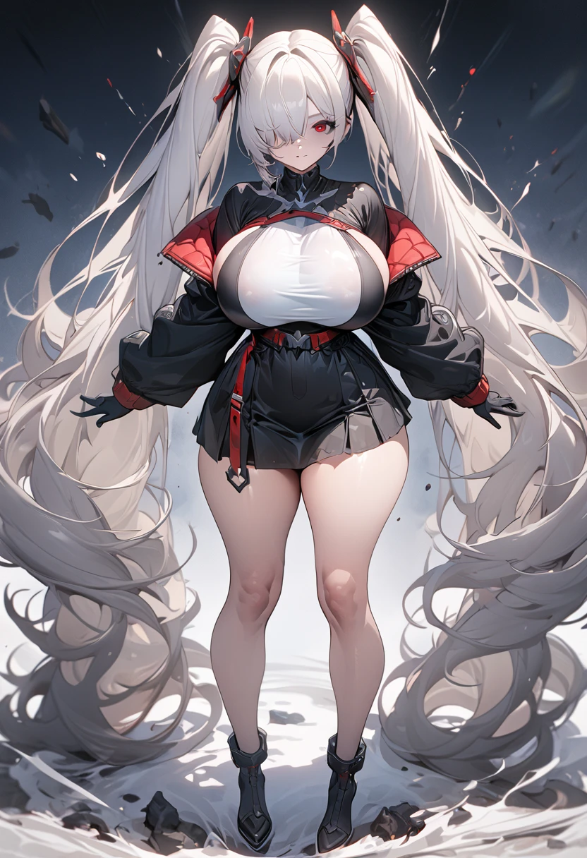 8k,masterpiece,best quality,ultra detailed,break,1 girl , huge breasts , anachirox, twintails, very long hair, white hair, hair over one eye, red eye , break , full body , from front , standing　