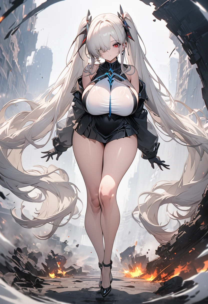 8k,masterpiece,best quality,ultra detailed,break,1 girl , huge breasts , anachirox, twintails, very long hair, white hair, hair over one eye, red eye , break , full body , from front , standing　