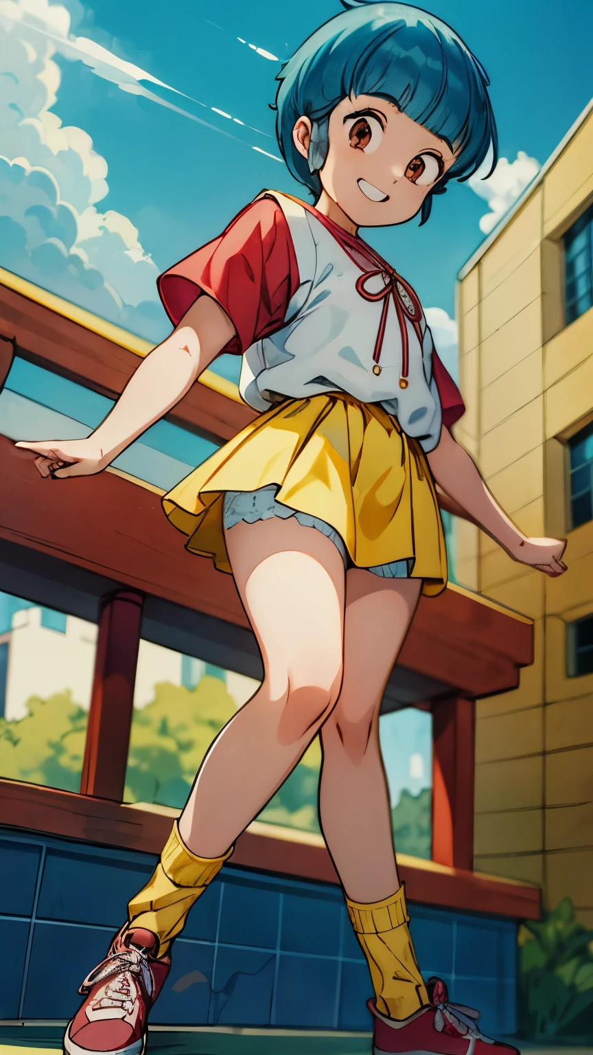 (masterpiece, best quality), high resolution picture of a Japanese girl, intricate details, extremely detailed, solo, 1girl, morisawa, dynamic posture, (short sleeves, red sleeves, yellow miniskirt, socks with ribbon), (smile), perfect anatomy, perfect hands, outdoors, suburban, blue sky and clouds,