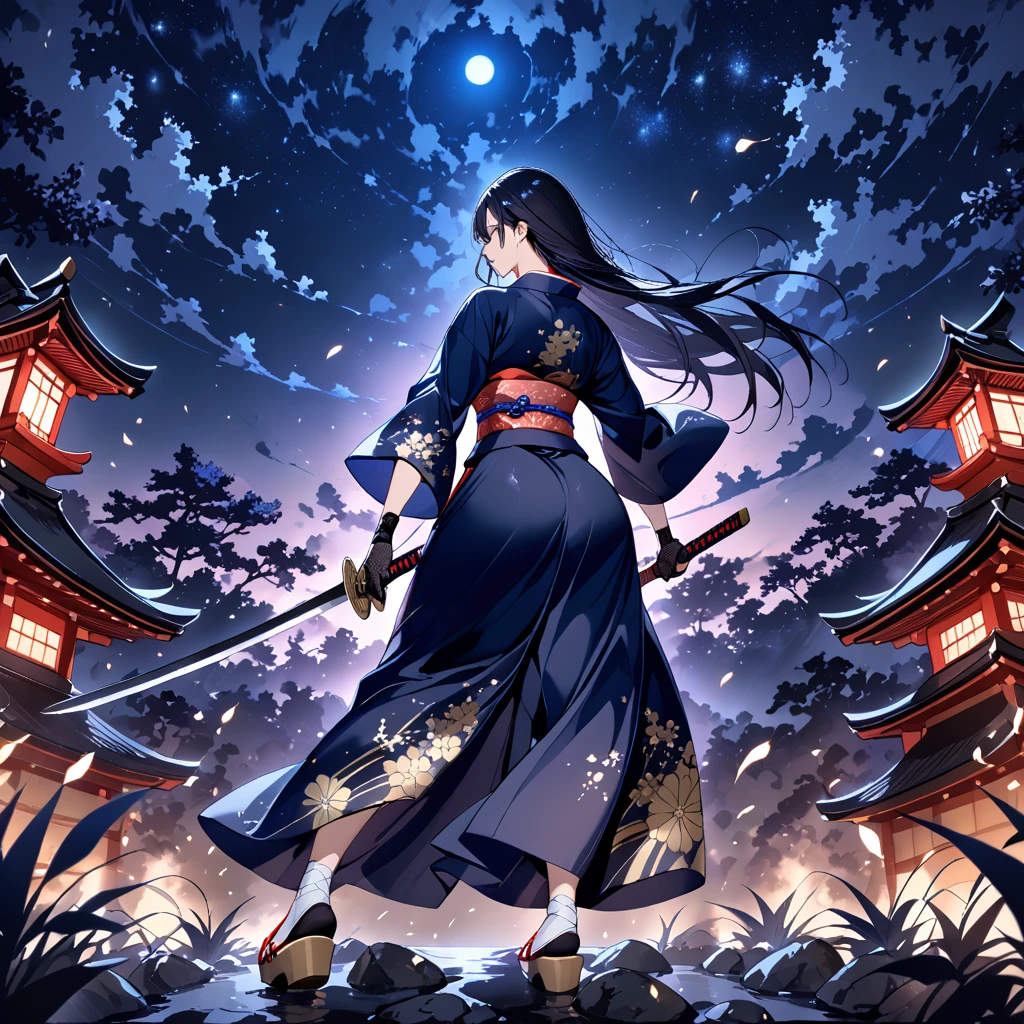 from side, facing away, battle stance, stylish attacking pose, Digital ink artwork of a beautiful black-haired samurai woman wearing a kimono with a Japanese sword, samurai, woman, glossy black hair, long hair, sharp eyes, blue eyes, kimono, obi, kanzashi, bandage gloves, clogs, midnight, curvy beauty, ethereal paint tattoo, cinematic angle ,（masterpiece：1.2）、（Best Quality：1.2）、（ very aesthetic ：1.2）、（ absurd：1.2）、（ detailed background）、up to date、Safety、complicated、 very detailed skin