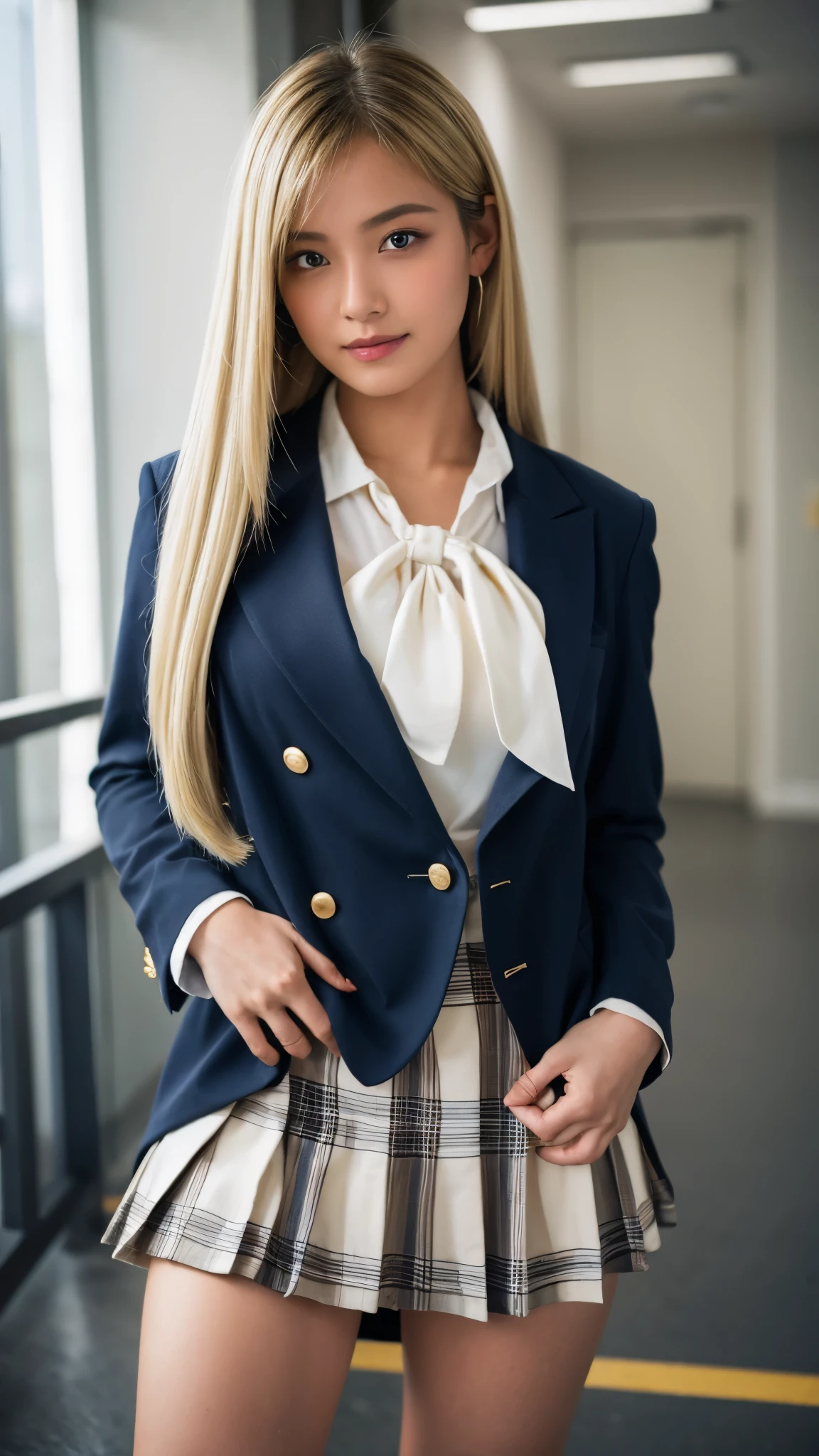 (Highest quality, 4K, 8k, High resolution, masterpiece, Genuine, Realistic, Realistic:1.3), (upper body), Girl standing in a school changingroomand touching skirt, blue neckerchief Uniform, Dark Blown Blazer, blown plaid skirt, Ear piercing, Gal Makeup, wearing white callored shirts, ((blonde straight long hair:1.3)), gold bracelets, 18-year-old, A small smile,Thighs, knees, From below, having pinching skirt:0.7, open legs:0.8, 