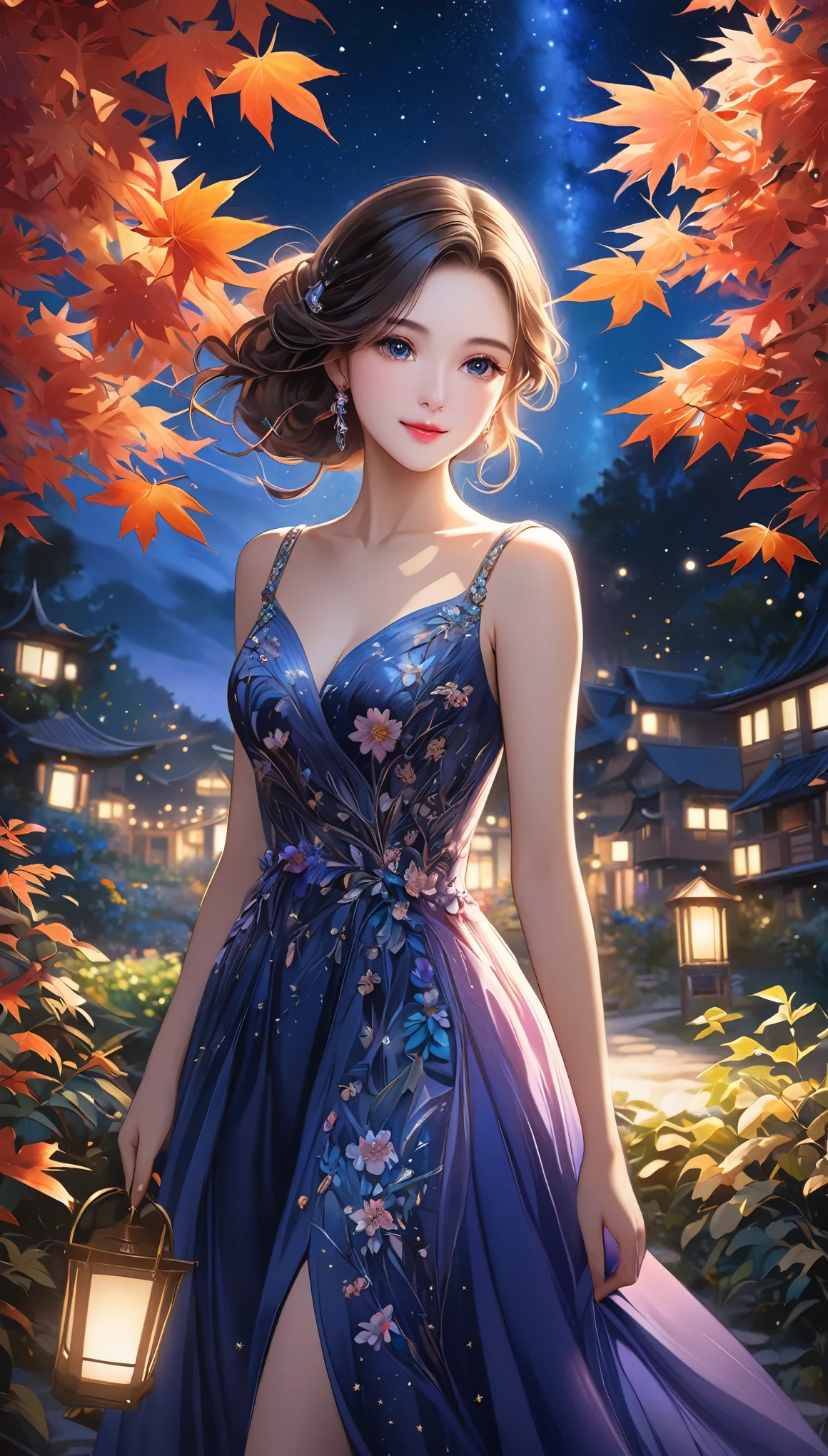 (Best Quality, 8k,  high definition, masterpiece), A girl standing alone under the stars,  Moonlight and shining starlight, Illuminating her silhouette . Beautiful face drawing, Beautiful eyes,  Pretty pink lips,  elegant dress , Flowing, Fantastic,  Delicate depiction of the outfit,  Faint starlight,  The surrounding landscape creates a tranquil garden,  looks at me and smiles ,  The bright leaves and colorful flowers of autumn maple are in full bloom. A gentle breeze blows through, Dreamy color palette,  Deep blue hues, purple, The quality of the work is the highest. It is a work of art that embodies the beauty of the girl's celestial body and inner strength in harmony with ,  Highly detailed brushwork and precise, carefully crafted.  The texture and depth of the painting are breathtaking,  The overwhelming beauty of the night sky, A sense of realism,  photorealism . Lighting is soft and diffused, Gives off a gentle light all around, It enhances the magical atmosphere.. A world of mystery and wonder,  The beauty of the heavenly bodies in harmony,  detailed illustration art, CG, 