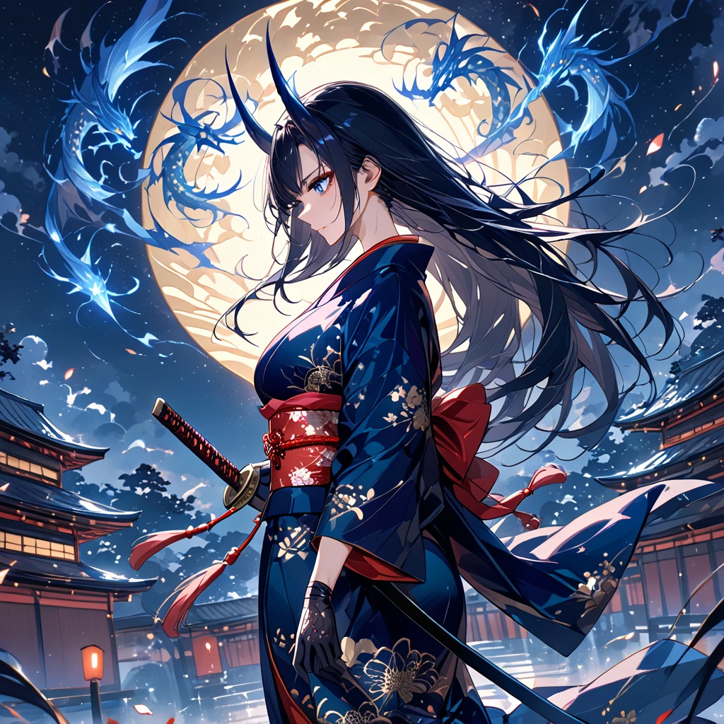 from side, facing away, battle stance, stylish attacking pose, Digital ink artwork of a beautiful black-haired samurai woman wearing a kimono with a Japanese sword, samurai, woman, glossy black hair, long hair, sharp eyes, blue eyes, kimono, obi, kanzashi, bandage gloves, clogs, midnight, curvy beauty, ethereal paint tattoo, cinematic angle ,（masterpiece：1.2）、（Best Quality：1.2）、（ very aesthetic ：1.2）、（ absurd：1.2）、（ detailed background）、up to date、Safety、complicated、 very detailed skin