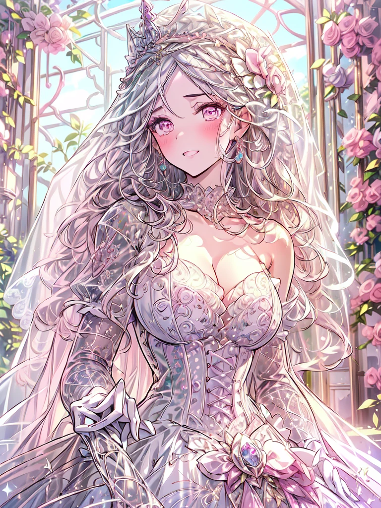 full dress shot, shot from above, (frontal shot:1.5), full-body illustration, (((full body, depicts whole body, full body portrait, whole body))), portrait, 1girl, solo, beautiful gorgeous captivating cute adorable princess, looking at viewer, cute blush, (blushing:1.5), heavy blush, (pink eyes:1.5) ,(((hyper detail delicate beautiful eyes , big eyes, clear eyes, extremely detailed))), (soft thin lines:1.2, beautiful, delicate and pretty face, young face, smiling), ((large amount of straight hair, extremely voluminous very long hair, absolutely long straight hair)), (white hair:1.5), (extremely gorgeous full hair ornament, bling-bling extremely gorgeous full jeweled tiara), (long bridal veil:1.2), (face veil:1.5), frilly collar, luxurious jewelry, skin dentation, pale skin, slim, (extremely gigantic large breasts:1.5), breasts cleavage, breasts focus, (((extremely detailed hands, delicate hands, beautiful hands, 5-fingers))), (frilly long gloves:1.5) (pure white gown dress:1.5), (((pure white lace and frills, dress with motif of ribbons and flowers, detailed gorgeous princess ballgown with voluminous full length hoop skirt, gorgeous princess long rococo ballgown with long train, gorgeous princess long rococo ballgown with beautiful embroidery and jeweled, extravagant gown))), (long train gown:1.2) , (puffy gown:1.2), (floor length gown:1.5), (gown trailing:1.2), (long sleeves gown:1), (white laced leather corset:1.5), masterpiece, (Full-HD:1.5), (highres:1.5), (absurdres:1.5), (high quality:1.5), (high resolution:1.5), (best image:1.5), (ultra quality:1.5), HDR, 16K, 32K, (ultra resolution:1.5), (ultra detailed:1.5), (highly detailed:1.5), fantasy scene, dreamy fantasy, fantasy bedroom background, (standing:1), (glow, god rays, radiant, ethereal, dreamy, heavenly, otherworldly, dream-like, breathtaking, captivating, divine), (depth of field), sharp focus, soft lighting