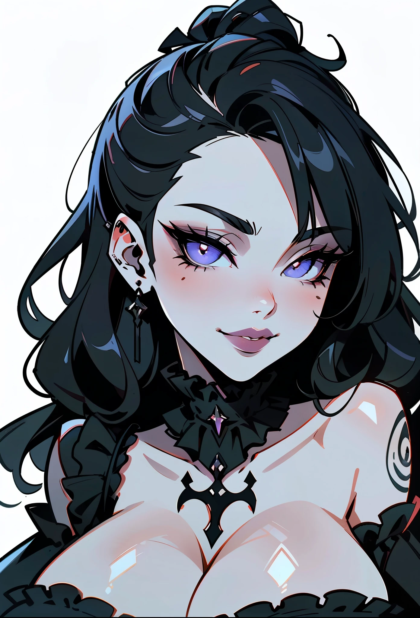 pen_sketch_style, 1girl, solo, ink, detailed face, puffy lips, gothic make up, beautiful woman, sketch, gigantic breasts, frilled dress,huge cleavage, seductive smile