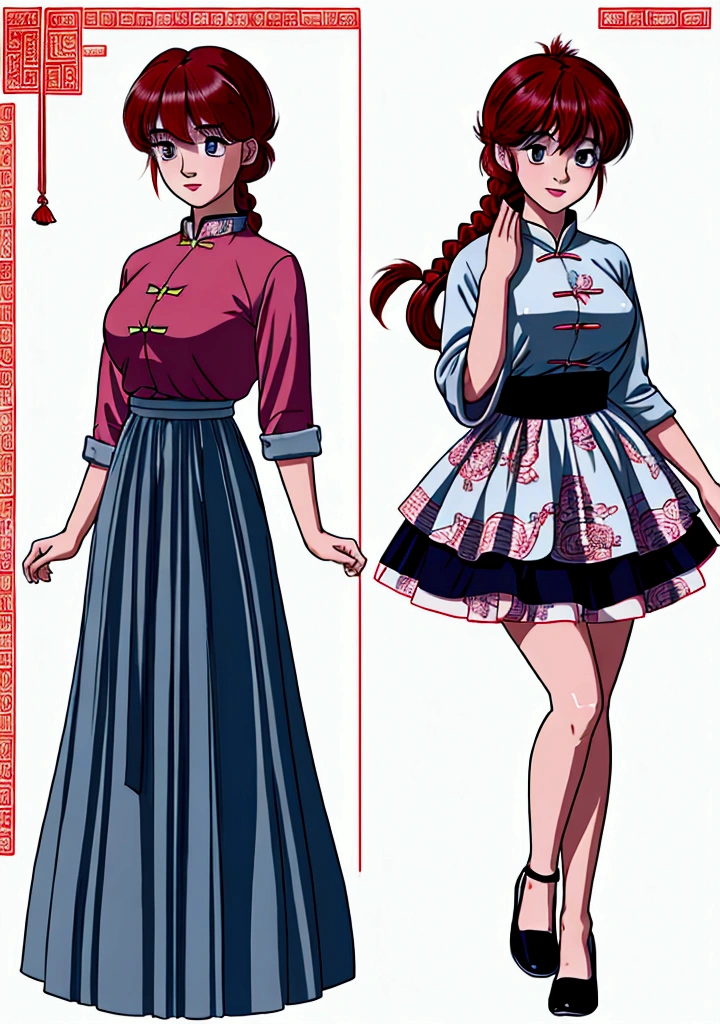 Create Female Ranma, Clear outline, Full body color photo, ( Beautiful and delicate eyes), ( pretty face:1.3), Wakaki's Smiling Face , long red hair， Bangs,  blue-gray eyes ,  big eyes， Chubby  ，(Chinese Hansel :horse face long skirt),top:  Fit Purple Chiffon High Waist Loose Elegant Nine Split Pleated Long Skirt(actual:1.2),(Floral),   (actual上下身衣服是:3.7. Scale)。