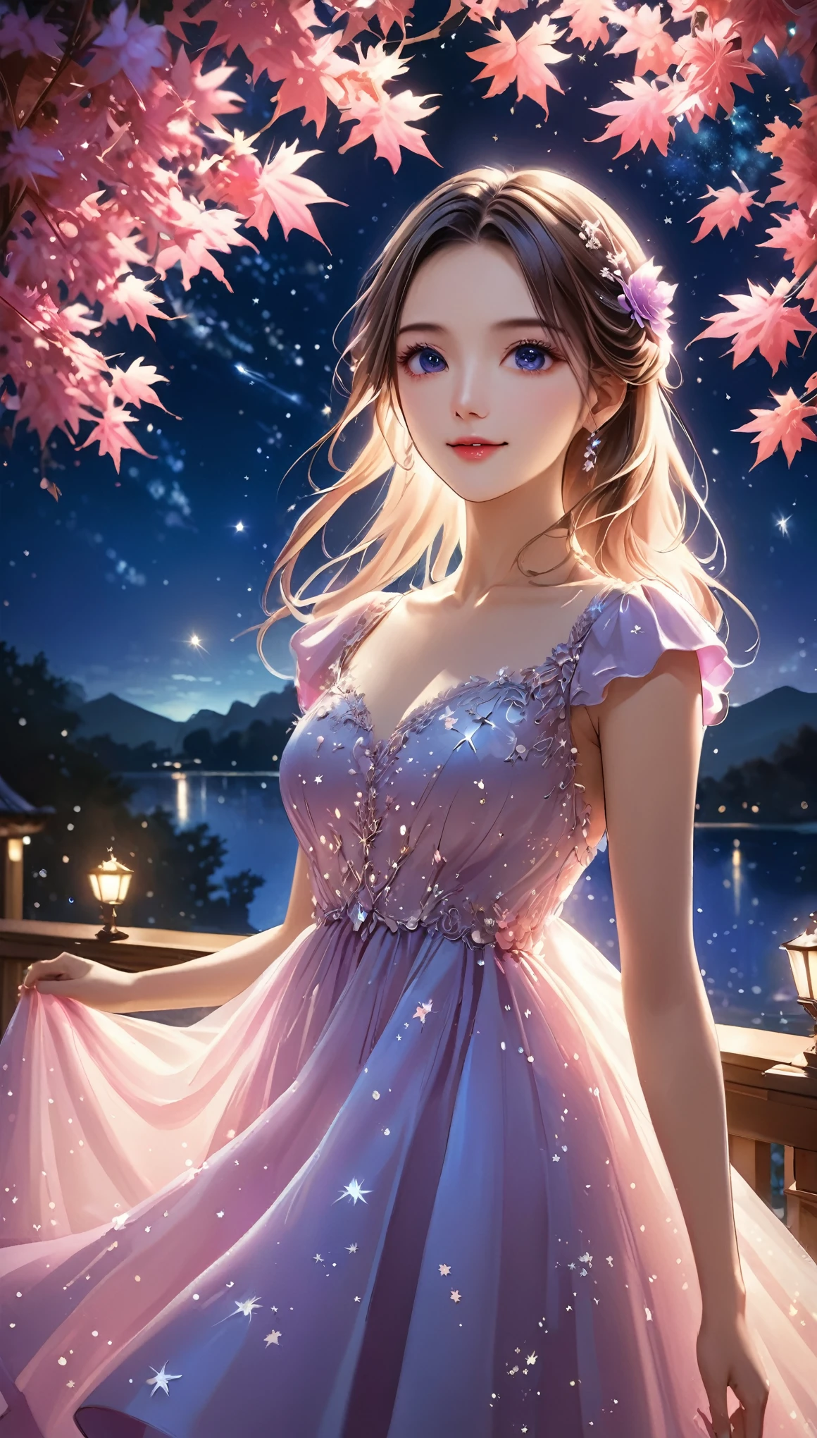 (Best Quality, 8k,  high definition, masterpiece), A girl standing alone under the stars,  Moonlight and shining starlight,  illuminates her silhouette . Beautiful face drawing, Beautiful eyes,  Pretty pink lips,  elegant dress , Flowing, Fantastic,  Delicate depiction of the outfit,  Faint starlight,  The surrounding landscape creates a tranquil garden,  looks at me and smiles ,  bright autumn maple leaves and colorful flowers are in full bloom. A gentle breeze blows through, Dreamy color palette,  Deep blue hues, purple, The quality of the work is the highest. It is a work of art that embodies the beauty of the girl's celestial body and inner strength in harmony with ,  Highly detailed brushstrokes and accurate and carefully crafted . The texture and depth of the paintings are breathtaking,  The overwhelming beauty of the night sky, A sense of realism,  photorealism . The lighting diffuses softly , Gives off a gentle light all around, It enhances the magical atmosphere..  A world of mystery and wonder ,  The beauty of the heavenly bodies in harmony,  detailed illustration art, CG, 