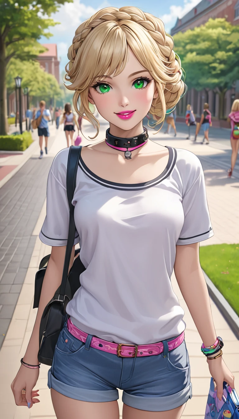 ((Anime style)), ((anime design)), (( true masterpiece)),  Very cute and beautiful girl ,( Highly detailed pretty face),
realistic,  Caucasian woman , Blonde hair,  dark hair roots, wavy hair, hair tied up,  Braided Hair , green eyes outlined, PINK LIPSTICK, smile, Athletic body,  small breasts, nipples, top, casual shorts , toys, collar, Wristwatch, bracelets, bag, Walking,  university campus , Side photo.
( best quality,masterpiece),absurdres, highres icon,ultradetailed,extremely detailed,32 mil,8k resolution,
 intricate details , movie scene , detailed bottom ,Alone, dynamic angle ,