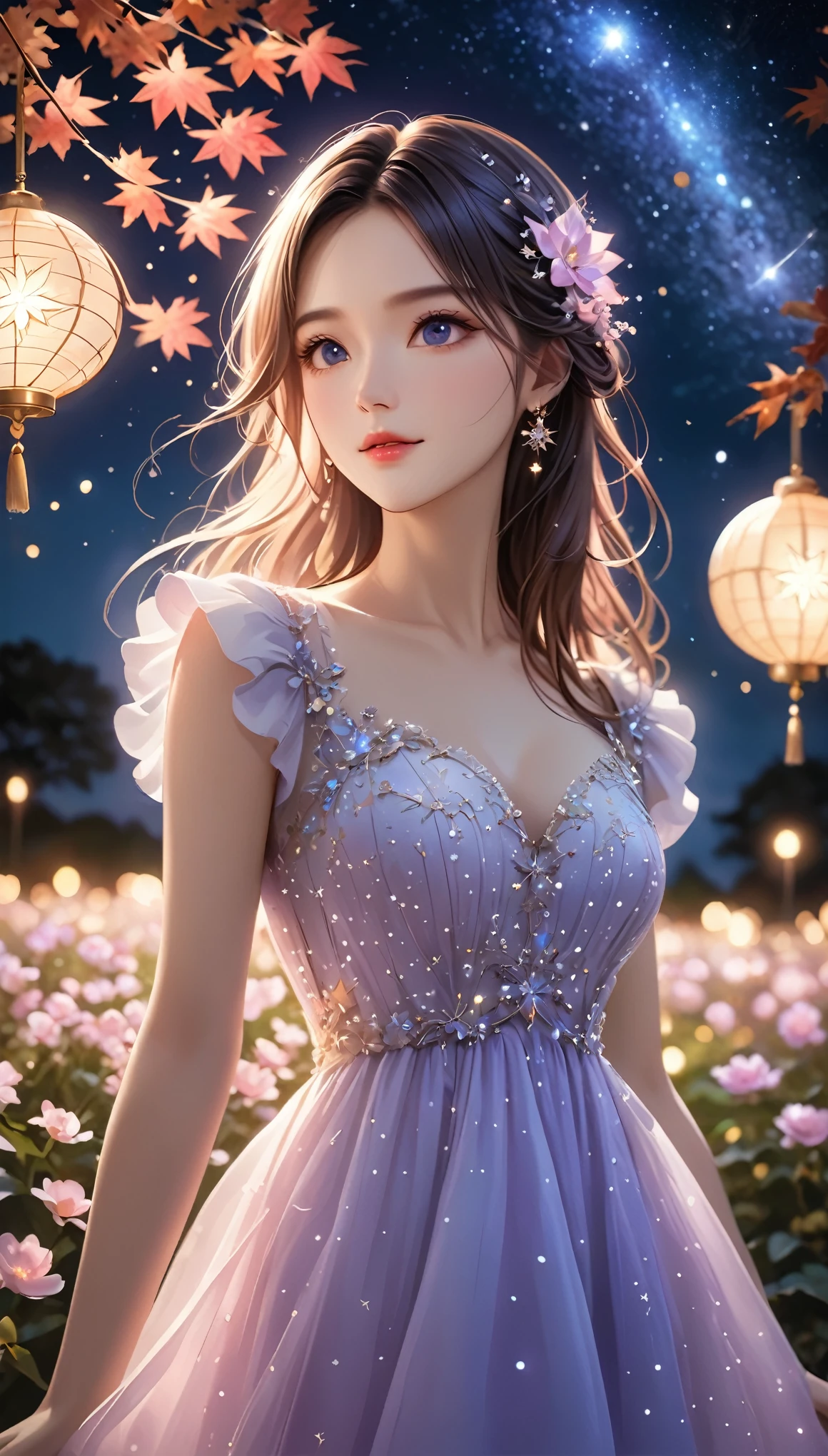 Best quality, masterpiece, ultra high res, (photorealistic:1.4), raw photo, 1girl, 30 yo woman, off shoulder dress, smile, glamorous clothing, country lane, vivid starry sky