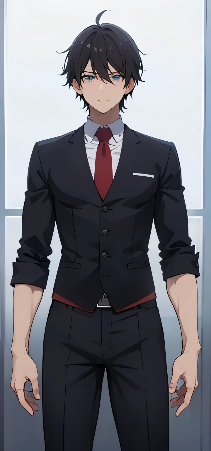 anime boy, wearing white shirt, red tie, black pants, front view , sleeve fold , school boy