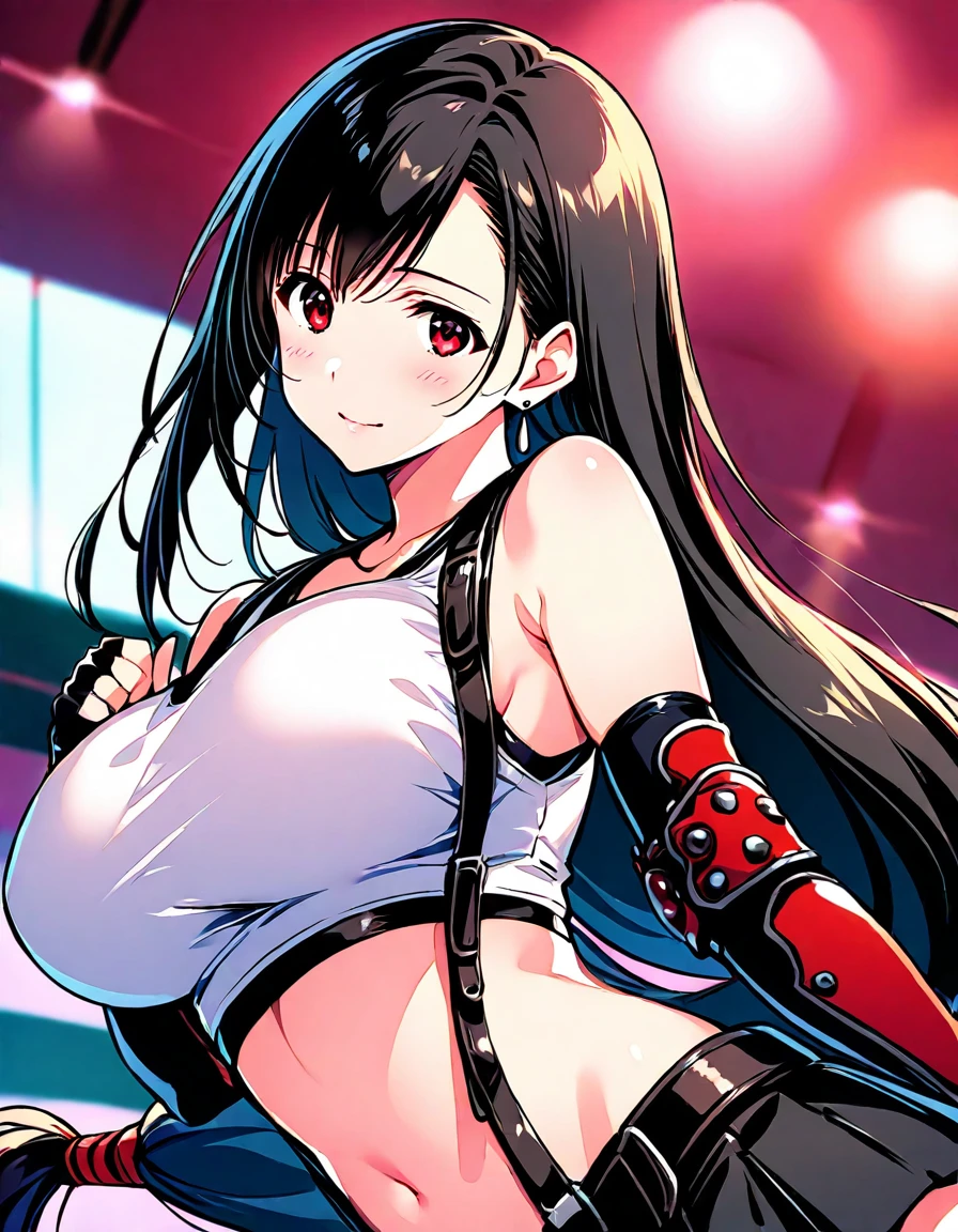 score_9, score_8_up, score_7_up,4k,rating_safe BREAK , (from front,breast focus,standing,straight-on,,(upperbody),looking_at_viewer ,1girl, tifa lockhart, final fantasy, tareme,black hair, low-tied long hair, red eyes, bangs, (white tank top, belt, pleated skirt, thighhighs, elbow fingerless gloves, elbow pads, midriff, navel,suspender skirt) ,large_breasts,(light smile),,,Solo,,(daytime and beachside and city),detailed skin,(best quality),(aesthetic,very aesthetic),intricate detailed,anime,highly detailed,sharp focus,depth of field,,professional lighting,cinematic lighting, dancing breast, 　　