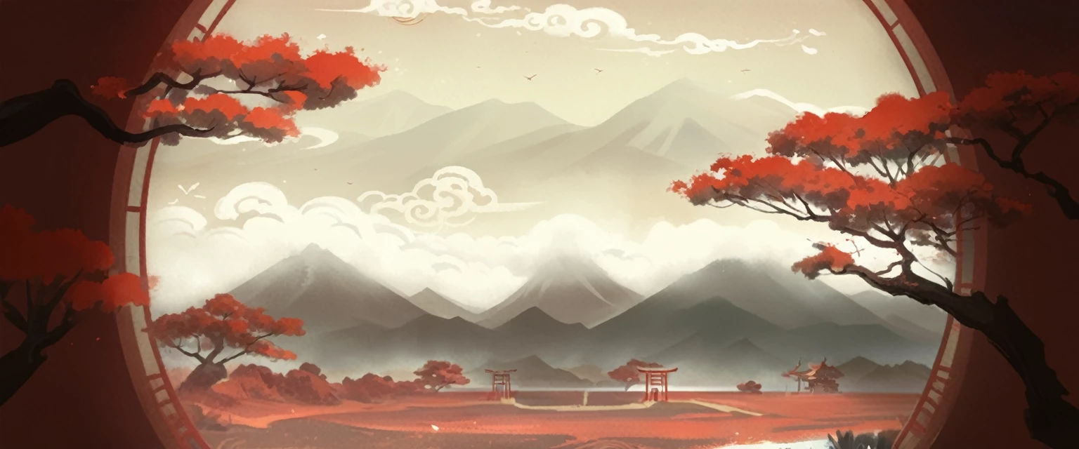 Blurry Chinese style，red background ，Depth of Field，Vision，Scene Graph，far away，Tree，Auspicious Clouds，Cirrus ，Original painting style， has no buildings，Distant Mountains，field