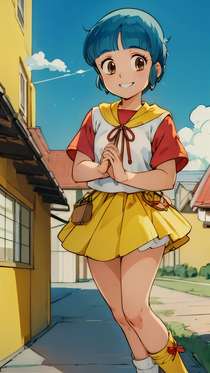 (masterpiece, best quality), high resolution picture of a Japanese girl, intricate details, extremely detailed, solo, 1girl, morisawa, sensual posture, (short sleeves, red sleeves, yellow miniskirt, socks with ribbon), (smile), perfect anatomy, perfect hands, outdoors, suburban, blue sky and clouds,