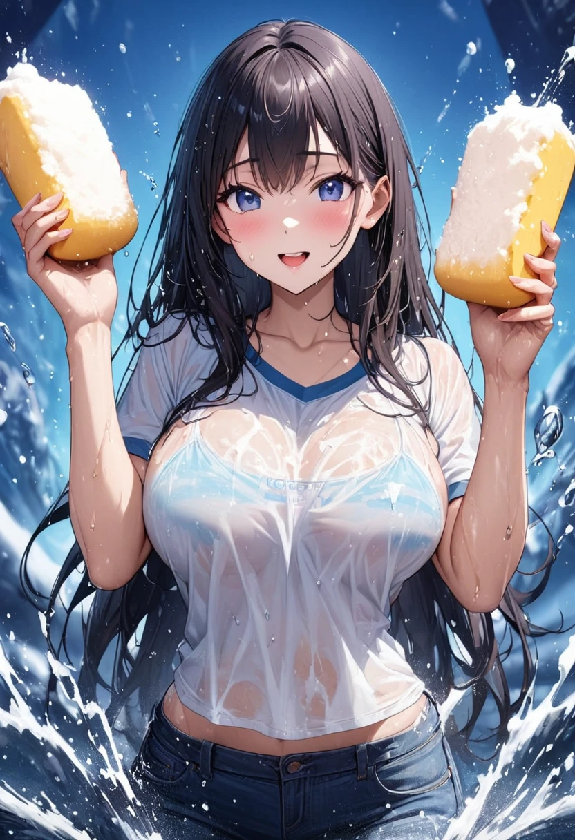 Beautiful girl 、Age 30、Best Quality、Ultra-precision、Detailed drawing、 shampoo、Covered in foam、Sharpness、Holding a sponge with your hands 、Vivid colors、 splashes、The background is blue sea、A very ecstatic expression、Slender figure、Beautiful big boobs、Striped bikini、sheer v-neck t-shirt、 metal accessory、Accurate depiction、 CG illustration、、 gets wet a lot with sweat、 looking at the camera