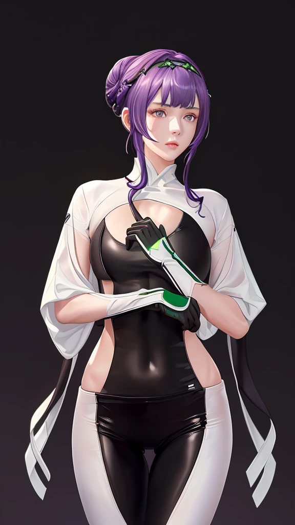 (（（figure，御姐figure,White and tender skin,（（（black、white and green clothing，black gloves,bodysuit，(compression shirt:1.28),）））,(（（Purple long hair，hair band,low hair bun））),，((masterpiece)), highres icon,((Best quality at best)),masterpiece,quality,Best quality,(（（  to the audience,Light in the eyes）））,Medium chest,苗条figure,）））