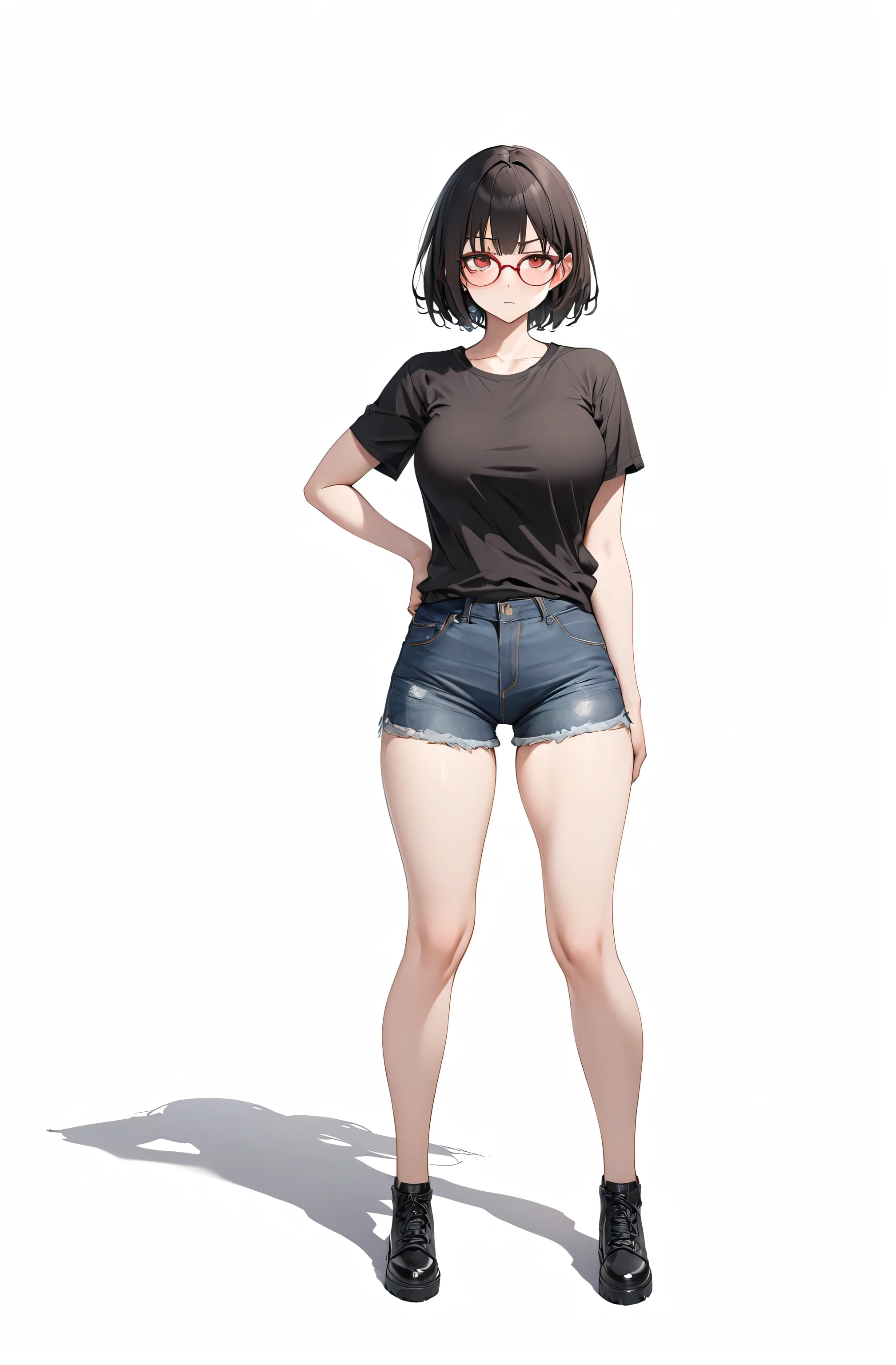 super definition dark eyes black hair shortcut、Big Tits 45、 plain black t-shirt without logo、 denim shorts、Red glasses、Bad look in the eyes、dissatisfaction、Reddish brown eyes、Ultra-detailed eyes、4K