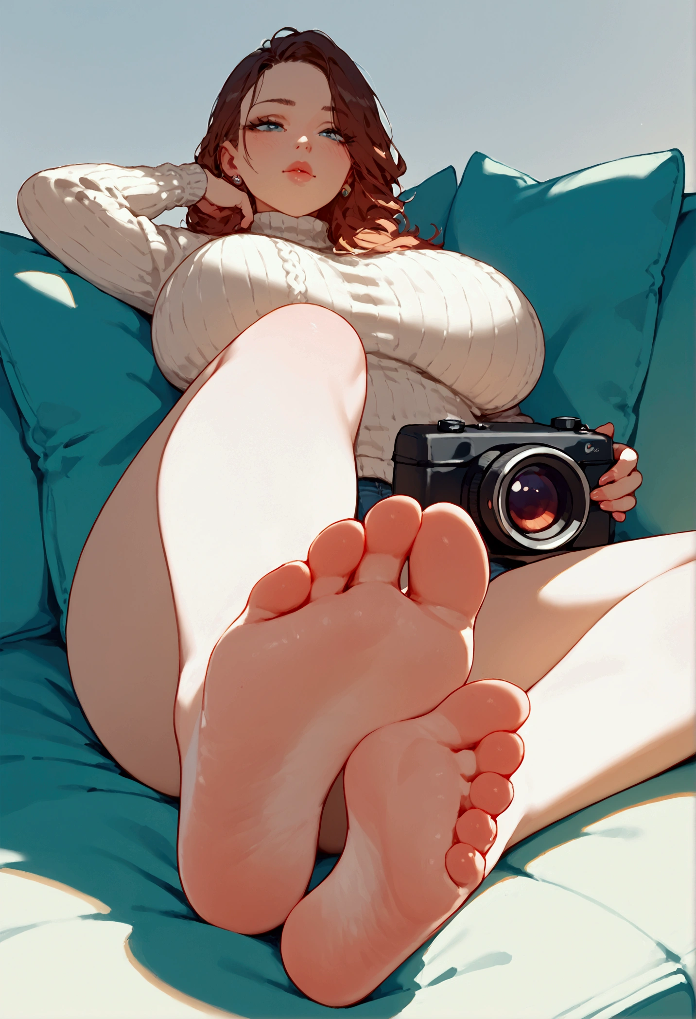  score_9,  score_8_up,  score_7_up,  score_9, break, GwenstacySDXL,  1 girl,Big Breasts, Alone,  score_9,  score_8,  score_8_up, ,   woman relaxing on her favorite couch lying with both feet facing the camera, Wearing a large sweater,  Lying with both feet facing the camera , close-up of the soles of her feet,