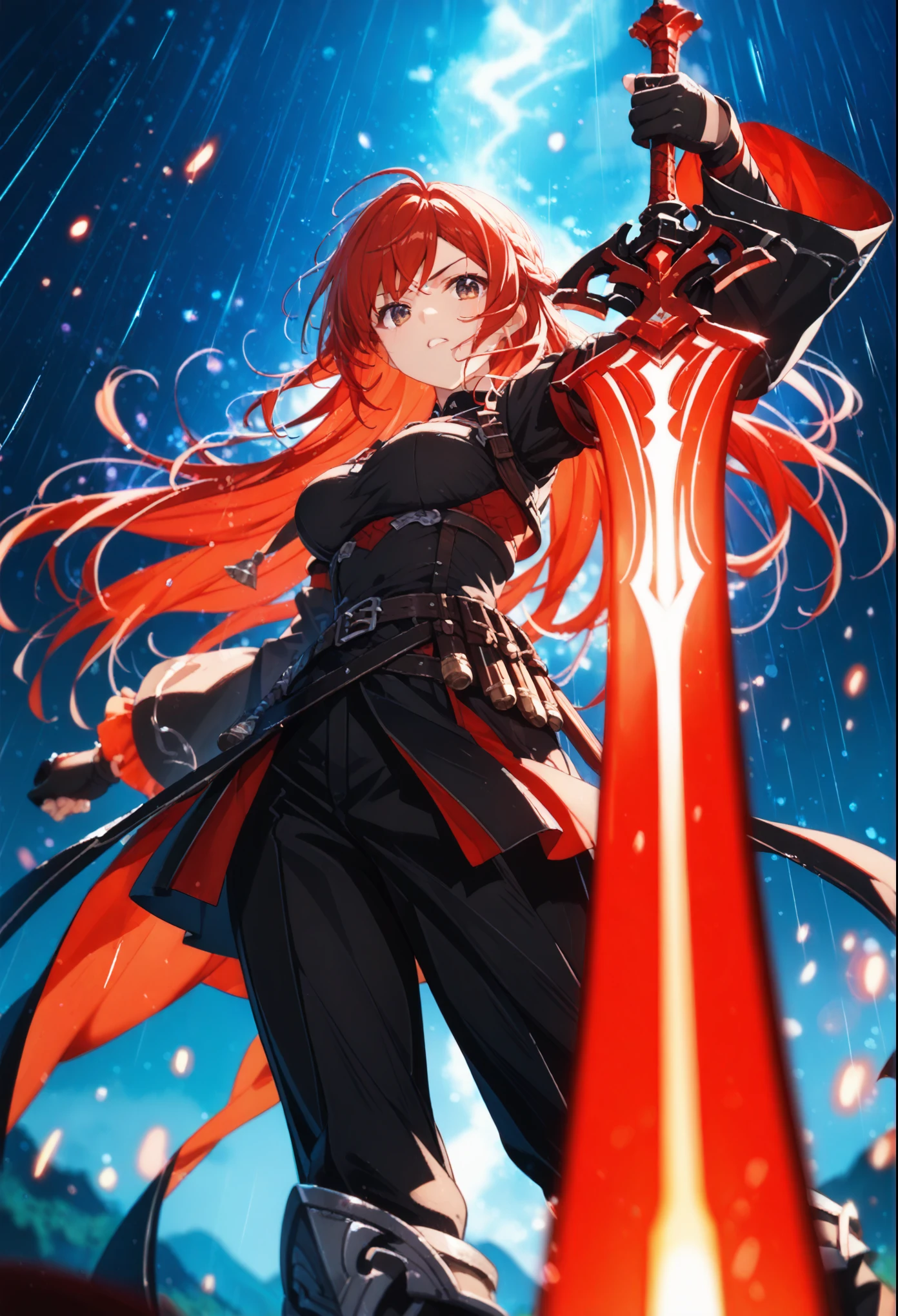 A girl in the rain, a girl with an energy sword made of glowing red fire, a girl with glowing red sword, anime girl with red hair and black eyes in the rain, Japanese animation style, action pose, anime aesthetic makoto shinkai, anime style, beautiful colors, close up, close-up perspective, light effects, low angle shot, mysterious atmosphere. A fantasy world, neon lights, octane render, digital painting, fantasy anime style, vibrant, ultra detailed, sharp focus, high detail, high resolution, full body, dark fantasy, full body shot, glowing particles,, glowing light effects, digital art techniques, detailed background