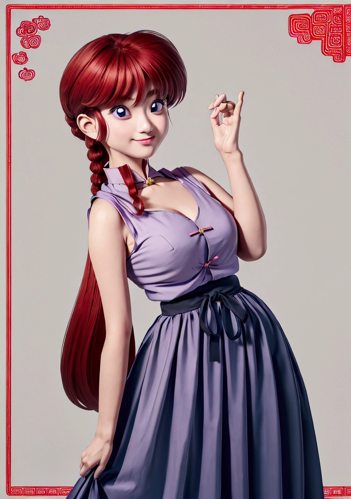 Create Female Ranma, Clear outline, Full body color photo, ( Beautiful and delicate eyes), ( pretty face:1.3), Wakaki's Smiling Face , long red hair， Bangs,  blue-gray eyes ,  big eyes， Chubby  ，(Chinese Hansel :horse face long skirt),top:  Fit Purple Chiffon High Waist Loose Elegant Nine Split Pleated Long Skirt(actual:1.2),(Floral),   (actual上下身衣服是:3.7. Scale)。