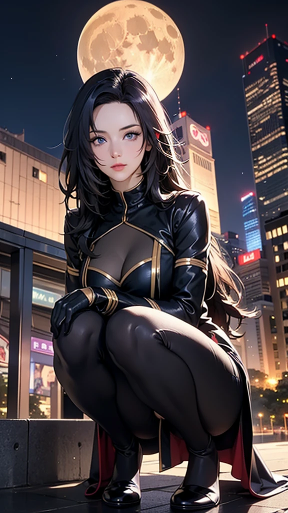 (Beyond the masterpiece, best quality, high resolution, incredibly absurdres high resolution, realistic depiction, ultra detailed artwork, perfect anatomy:1.2, anatomically correct, UHD, 4k, 8k,) solo, female, (realistic depictions, beautiful portrait, face_to_knees), squatting on the rooftop of skyscraper), looking down at the viewers , shoot from below , detailed captivating face, beautiful blue eyes, eyelashes, pastel color makeup, BREAK \(beautiful thin hair, sleek long hair, detailed thin hair, moving by breeze\), seductive breasts, looking down at the viewer, BREAK (gamma, black bodysuit, bodystocking, black pants, black gloves, gold trim), (detailed depictions of background, night, buildings, (detailed depiction of full moon, behind her is a full moon), romantic, (Night scene:1.3, the Helix Bridge of Singapore in background), )