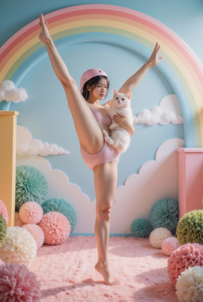 （（（（（Standing Splits）））））， Transparent tights ， a pink space navy holding a cat,  cute fantasy background , rainbow,  spreading love meme , x holding y ,  Double Exposure ,  laser background or space background , photo, helmet