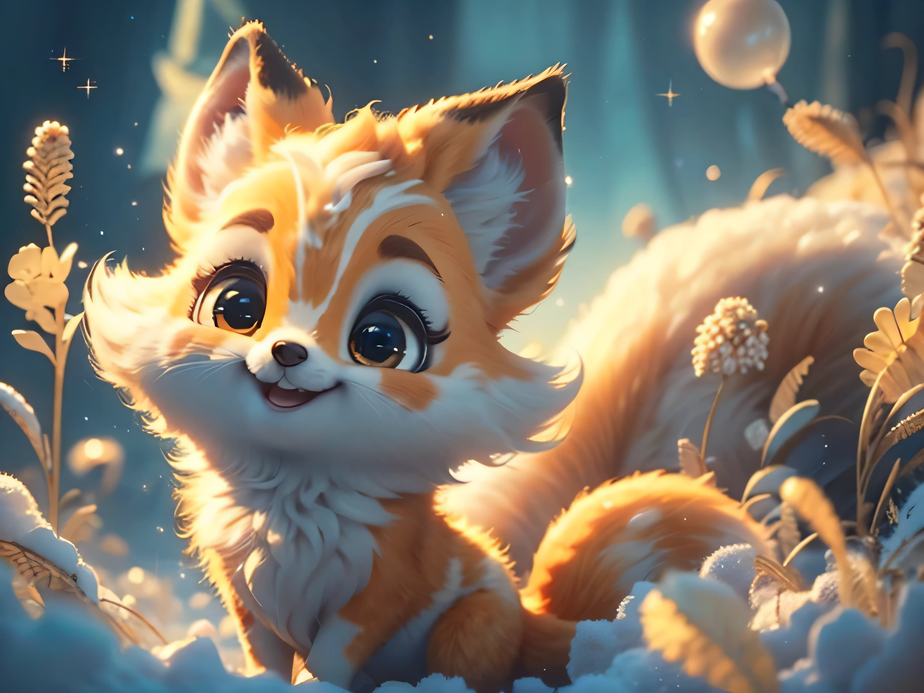 Magical Fantasy Creature, (Best Quality, Masterpiece, Representative Work, Official Art, Professional, Ultra Fine Detail, 8k:1.3), (Photorealism:1.2), Fox Spirit, Super Cute, Big Eyes, Soft, Delicate Nose, Fluffy, Two-Toothed Smile, Cute Fennec Fox Ghost, Realistic, Beautiful, Sparkling, Stars in Eyes, Star Pearl, Fox Lights, Soft Volumetric Light, (Backlight:1.3), (Cinematic:1.2), Intricate Details, (ArtStation:1.3), --auto --s2