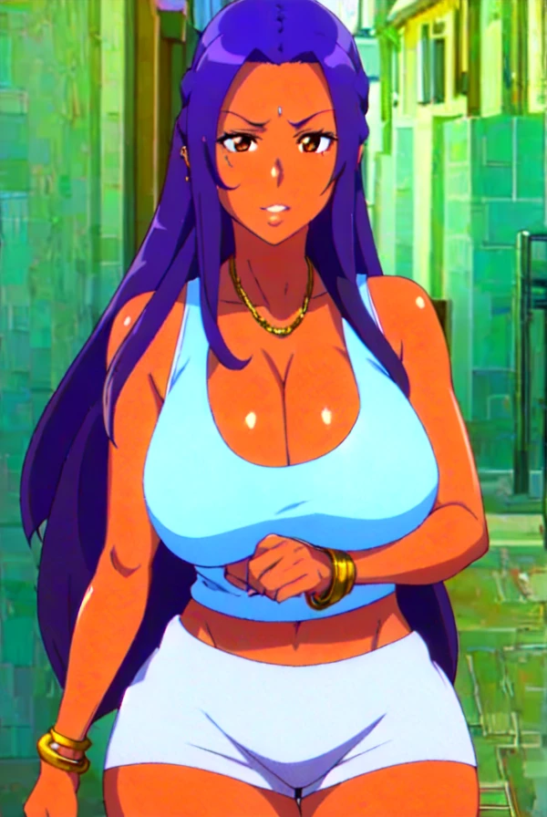 Asuna yuuki,purple hair,big breast,cleavage,brown eyes,Thick lips,puckered lips,tanned Brown  skin,Curvy figure,Gold chain necklace,Hoopa earring,long nail,Hoopa bracelet,Curly messy hair,hotpants,Tank top,Smirk