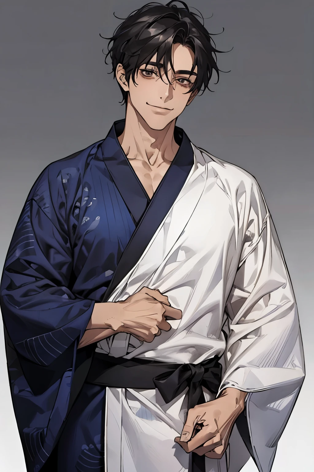 male,Black Hair, ((40 year old man )), Navy blue yukata, (White background),  brown skin, slouchy smile