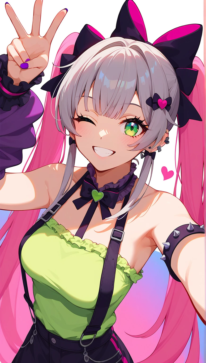 Unity 8k, a masterpiece of the highest quality,( twin tails),  hair bow, Gray Hair , very long hair ,green eye,(jiraikei ( Pink Gothic Ta :1.3)), lace-up boots,((Lighting Front)),(Selfie,  peace sign、 One eye closed , throw,  close,  viewers),  PERFECT BODY ,  Sly Smile, 