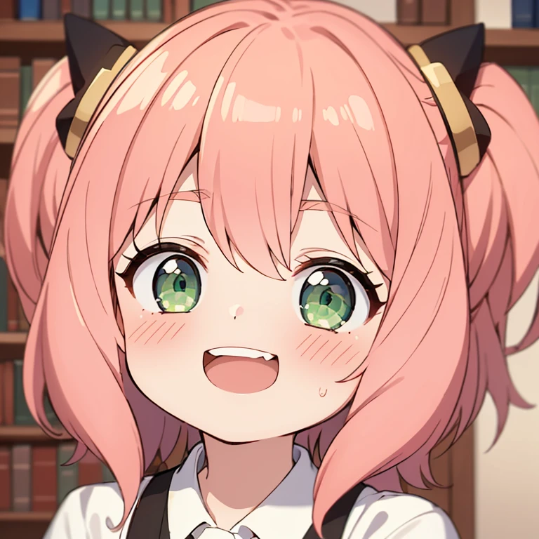 1girl, anya_(spy_x_family), pink_hair, female_, solo, green_eyes, smile, open_mouth, , blush, :d, bangs, looking_at_viewer, portrait, teeth, upper_teeth_only, bookshelf