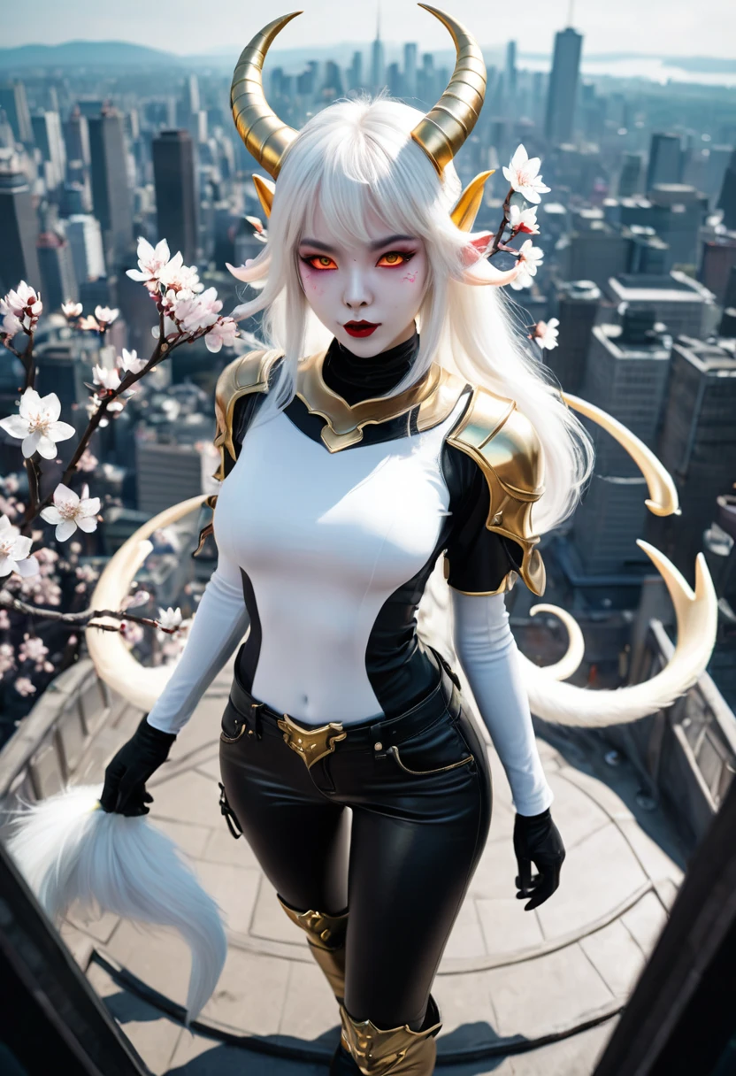 Pinhole photography, Realistic animation, Wide angle effect , Little Golden Horned Succubus Lady、Golden Glowing Succubus Tail （1.3）、Wearing a white mask（1.2）、 golden eyes （1.3），White Hair、Cherry blossoms、White short-sleeved T-shirt、Black leather trousers（1.2）、 put her hands in the coat pocket  ,  black boots , Overlooking the earth , From above,  focus on the face and eyes ,  super detailed,  Line Art ,style,ladder,platform,Astral Body , Multiple roles , Different roles , character design ,Terrifying and bloody, Signs of Death  ,  Very detailed,More details,  Smooth and Smooth Brushstrokes  , Shining neon lights ,City Skyline,Planetarium , dynamic posture,Single focus