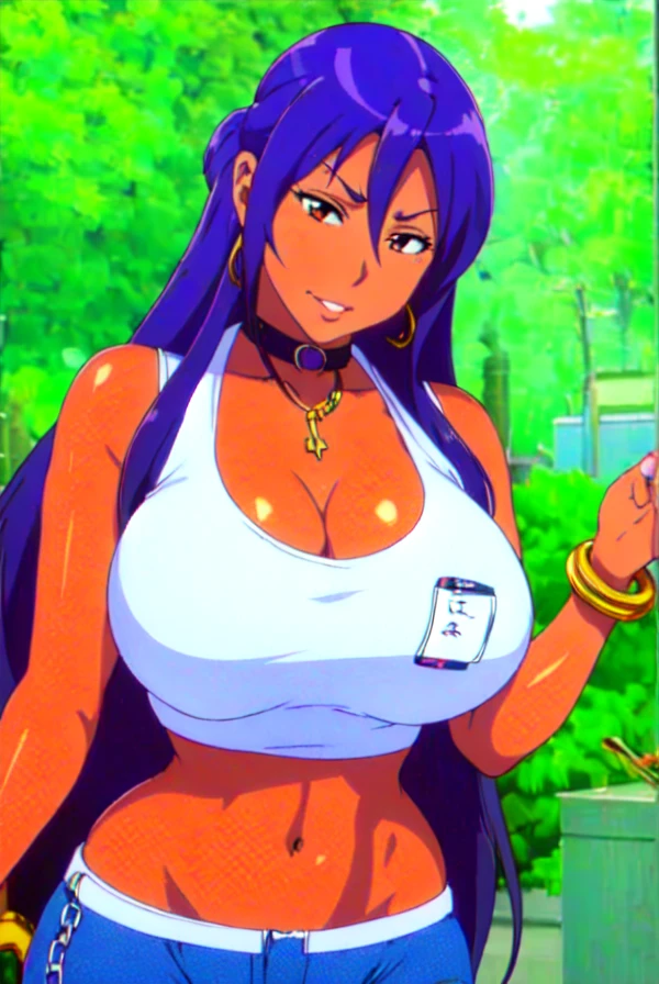 Asuna yuuki,purple hair,big breast,cleavage,brown eyes,Thick lips,puckered lips,tanned Brown  skin,Curvy figure,Gold chain necklace,Hoopa earring,long nail,Hoopa bracelet,Curly messy hair,hotpants,Tank top,Smirk